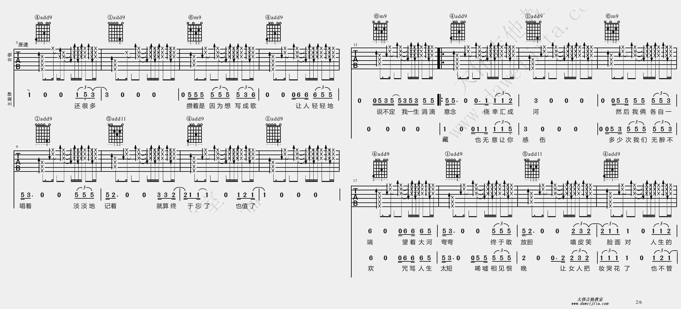 2大伟bE调版 李宗盛《山丘》吉他弹唱六线谱