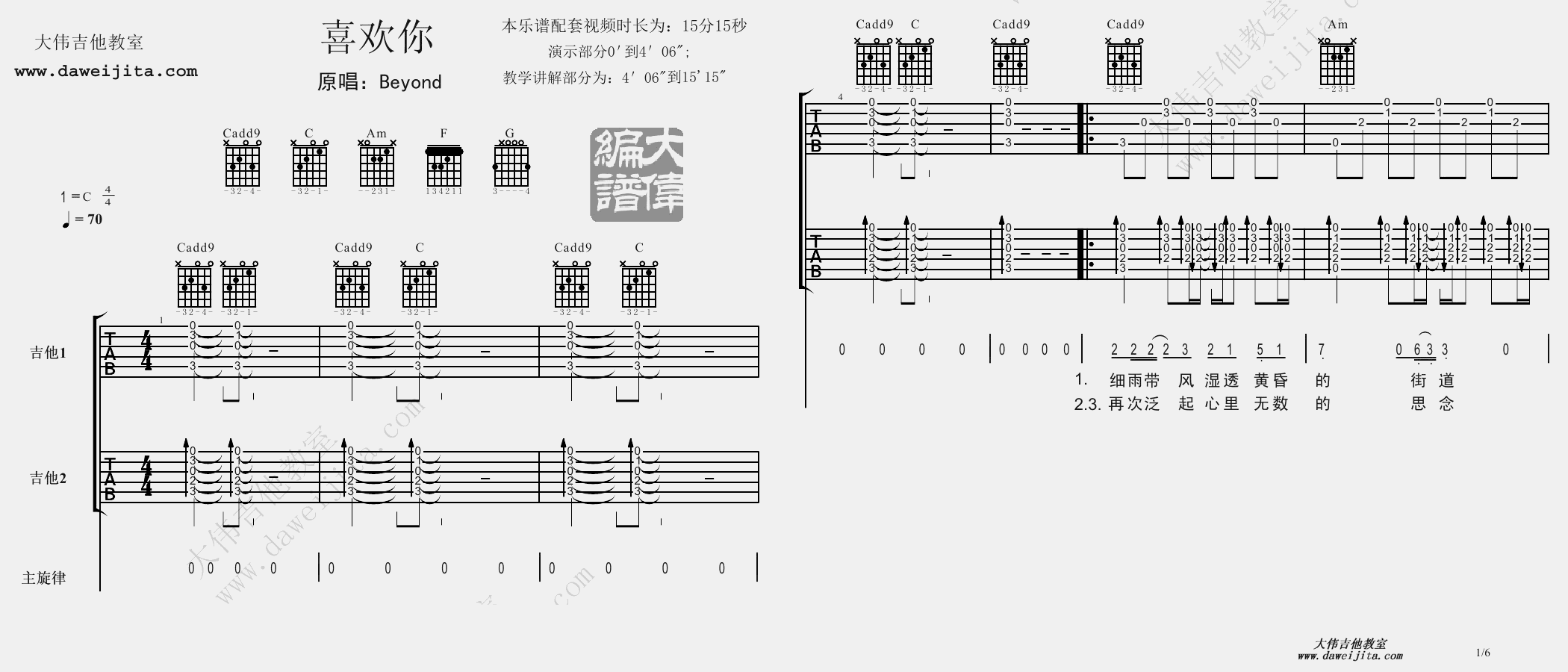 1大伟C调版 Beyond《喜欢你》吉他弹唱六线谱