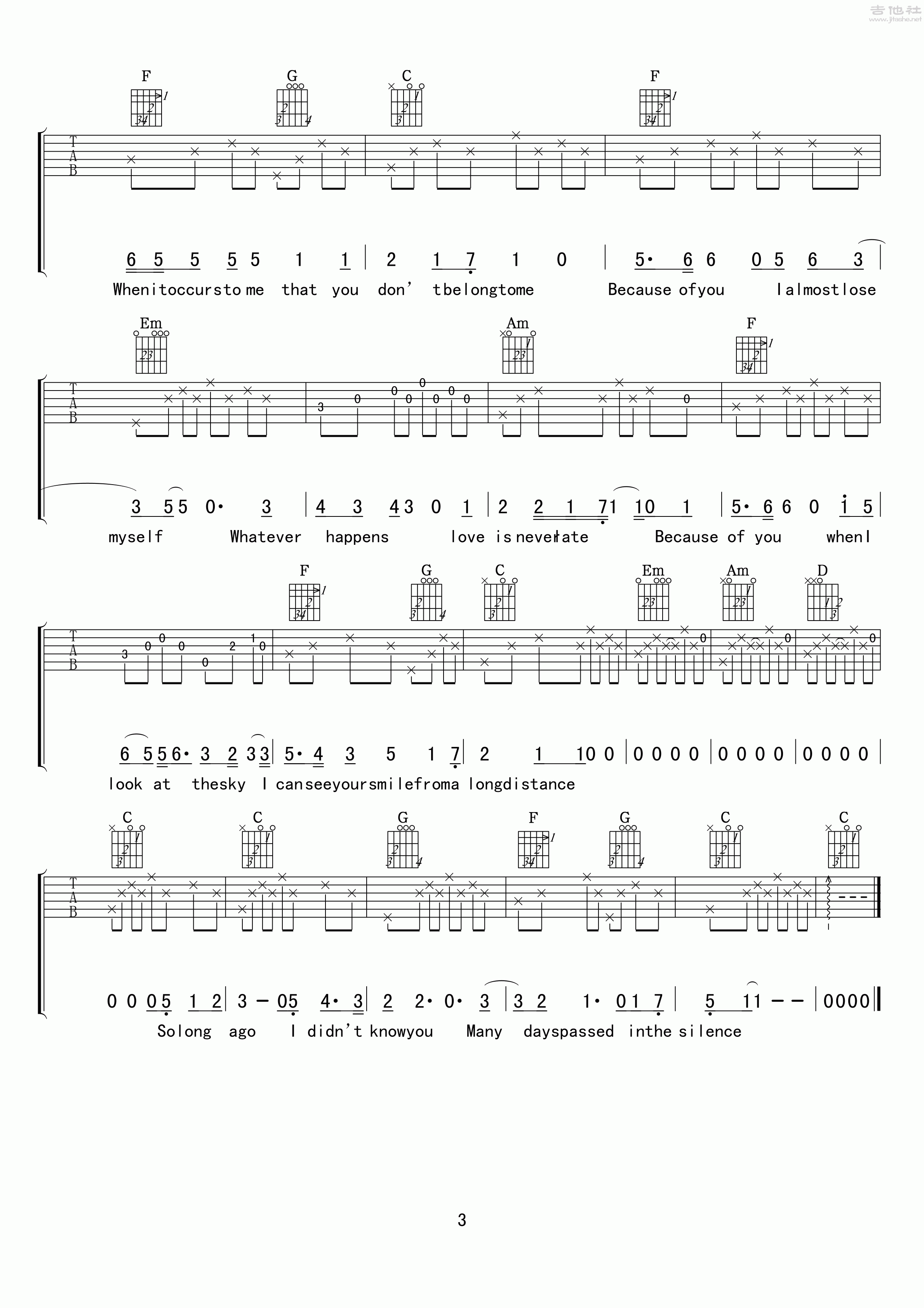 3小叶歌C调版 《So long ago》吉他弹唱六线谱