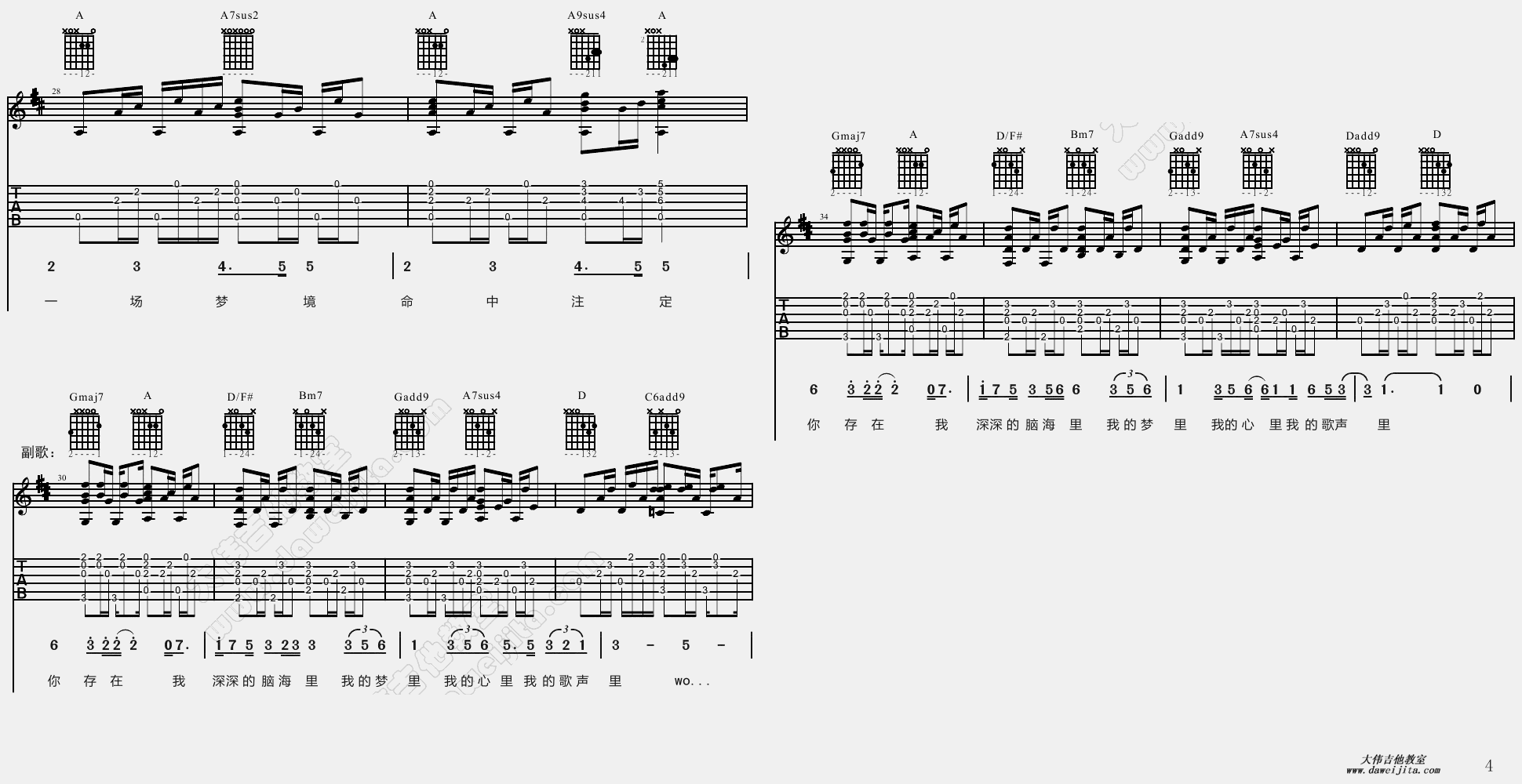 4大伟C调男生版 曲婉婷《我的歌声里》吉他弹唱六线谱
