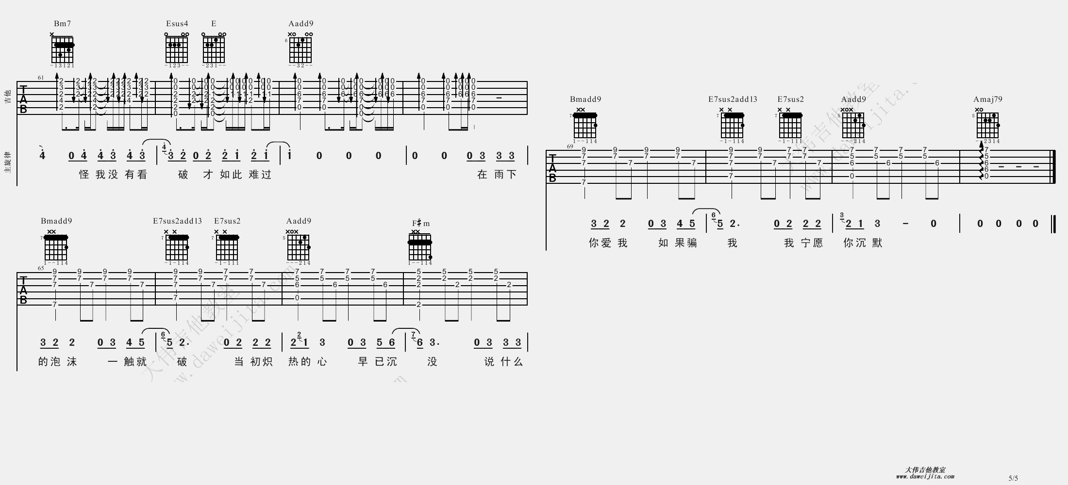 5大伟bB调版 邓紫棋《泡沫》吉他弹唱六线谱