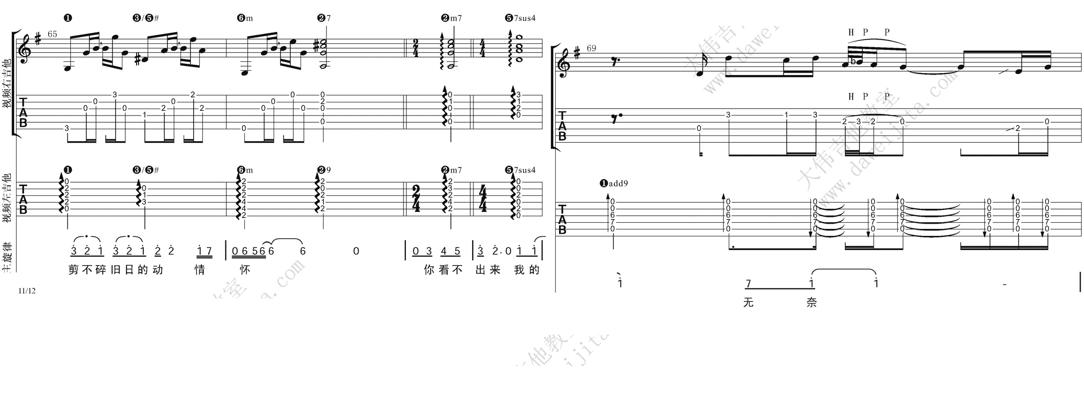 11大伟双吉他A调版 张惠妹《剪爱》吉他弹唱六线谱