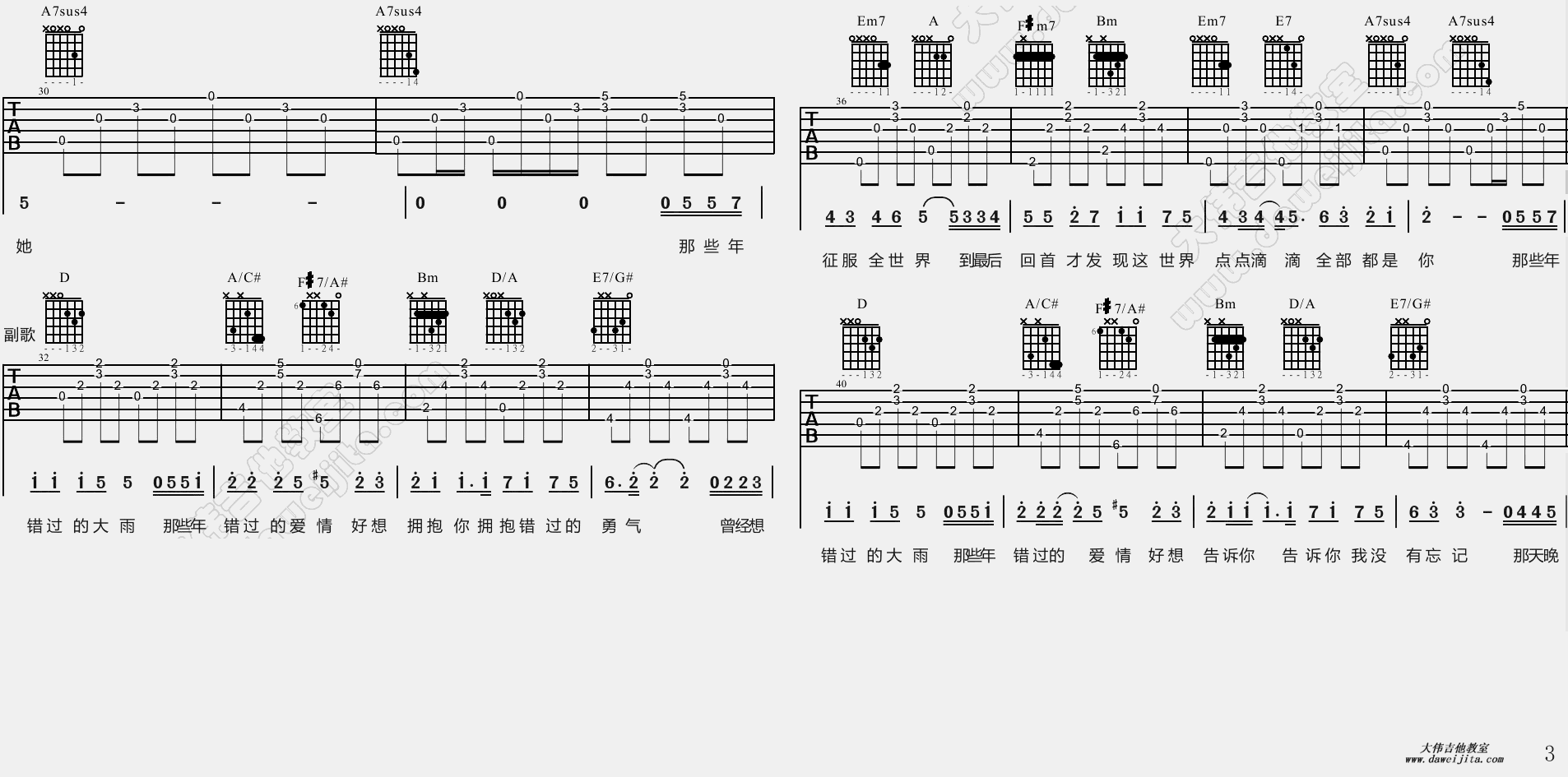 3大伟D调版 胡夏《那些年》吉他弹唱六线谱