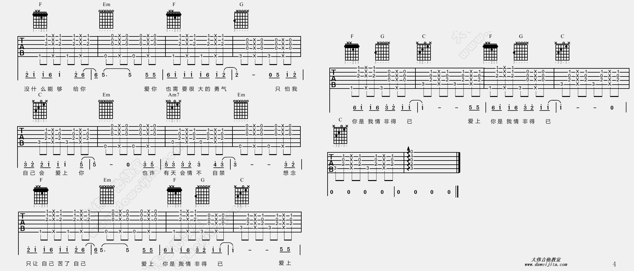 4大伟C调版 庾澄庆《情非得已》吉他弹唱六线谱