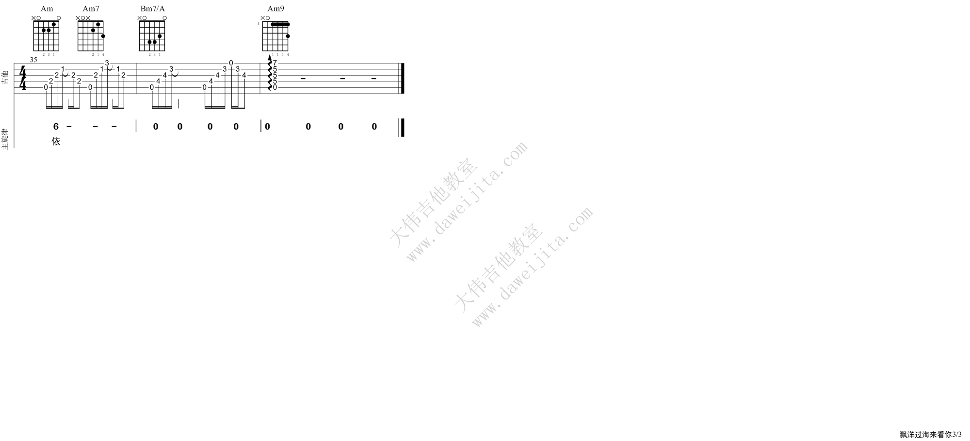 3大伟C调版 刘明湘《漂洋过海来看你》吉他弹唱六线谱