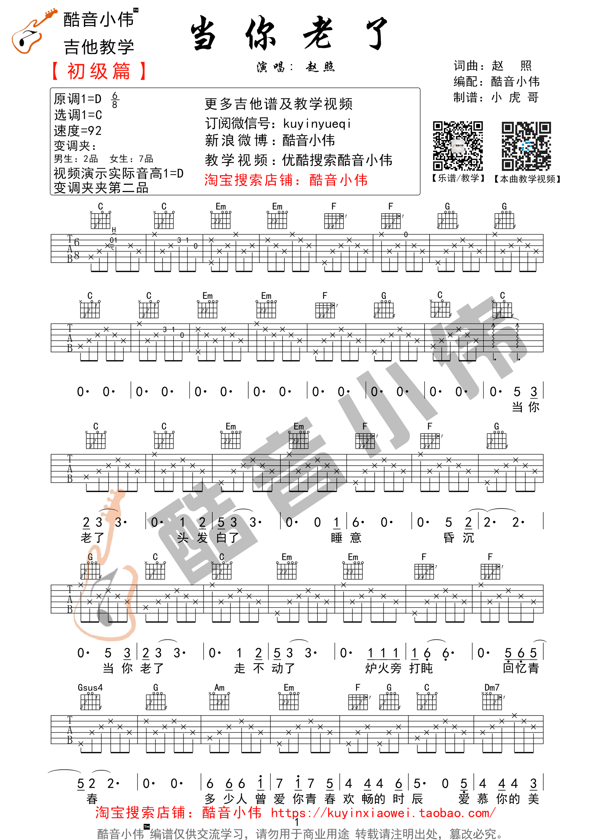 1酷音小伟C调简单版 赵照《当你老了》吉他弹唱流线谱