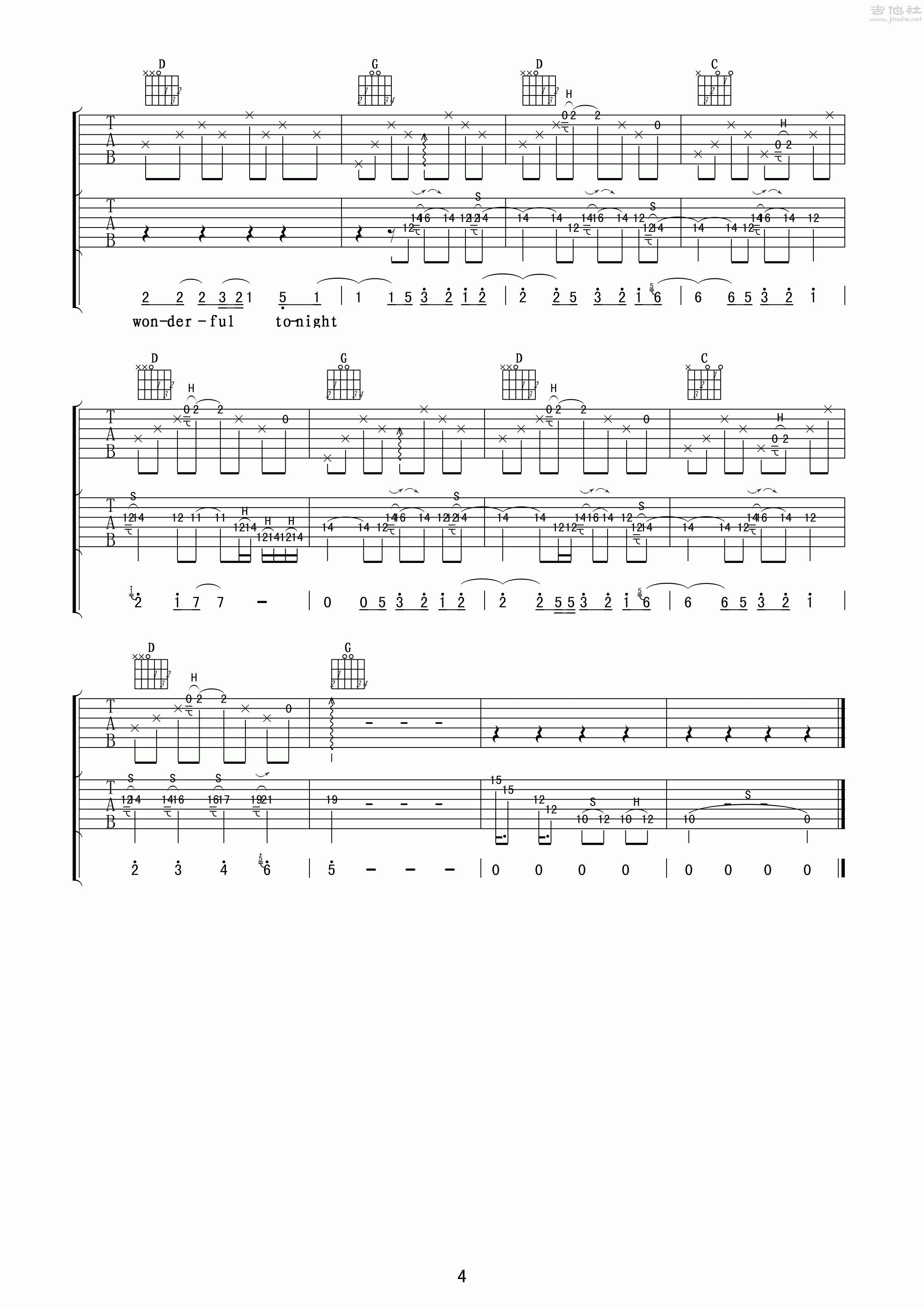 4玩易G调版 《Wonderful Tonight》吉他弹唱六线谱