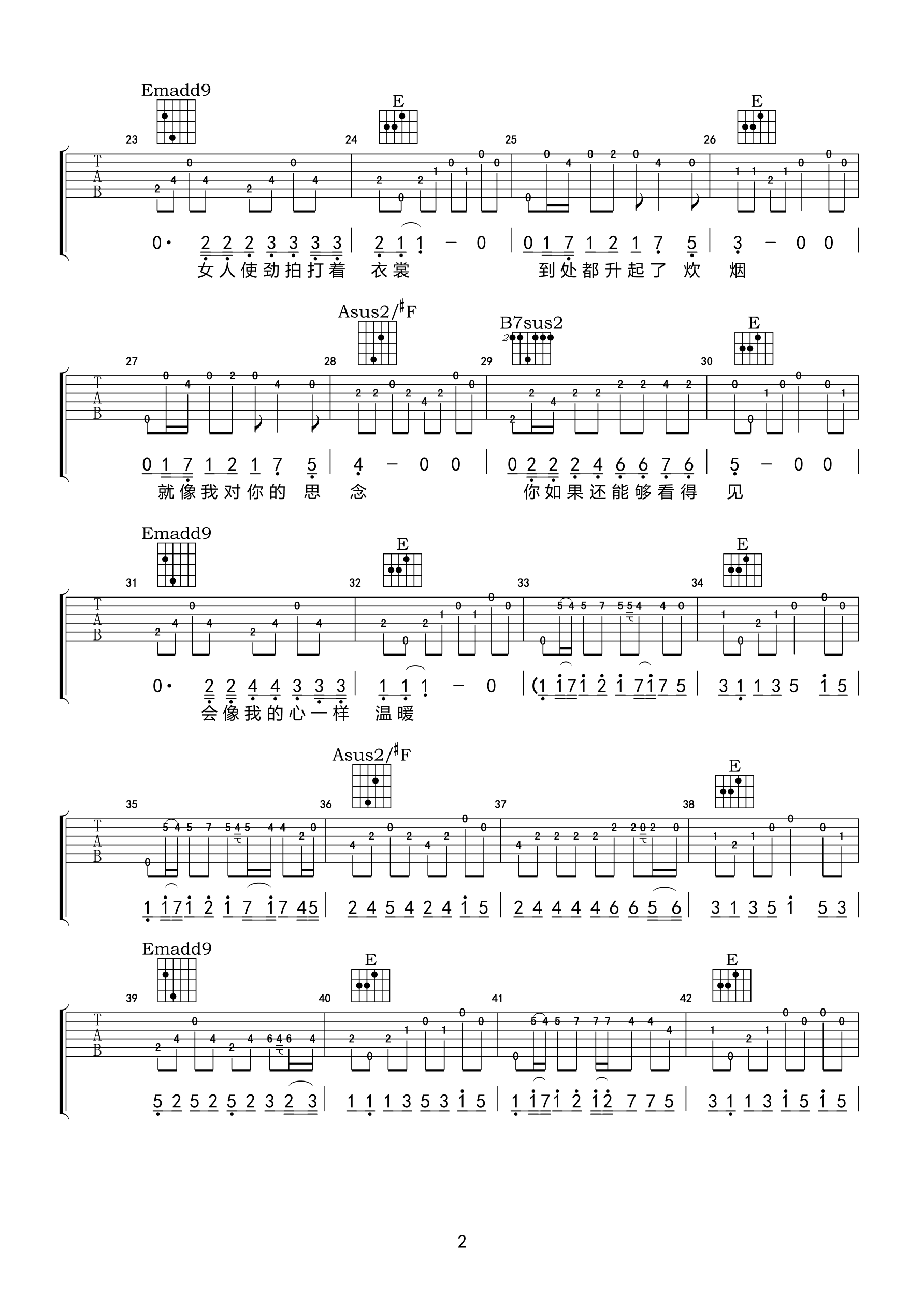 2小叶歌E调版 张智《温暖的归途》吉他弹唱六线谱