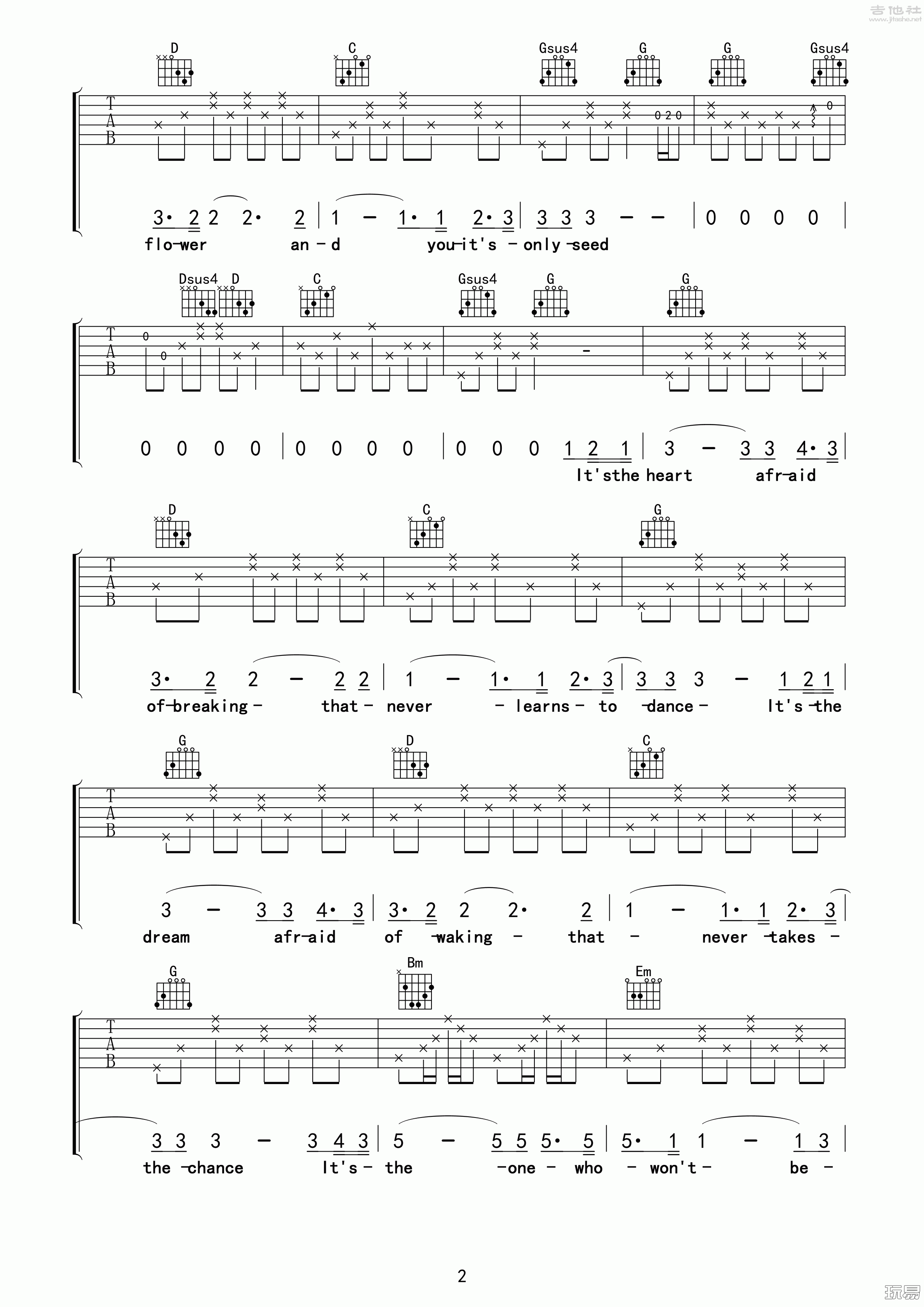 2玩易G调版 Westlife《The Rose》吉他弹唱六线谱
