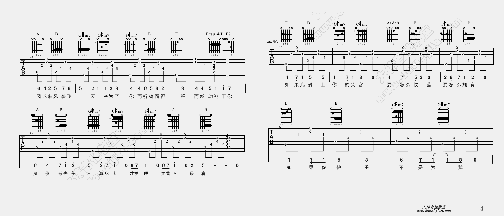 4大伟E调版 五月天《知足》吉他弹唱六线谱