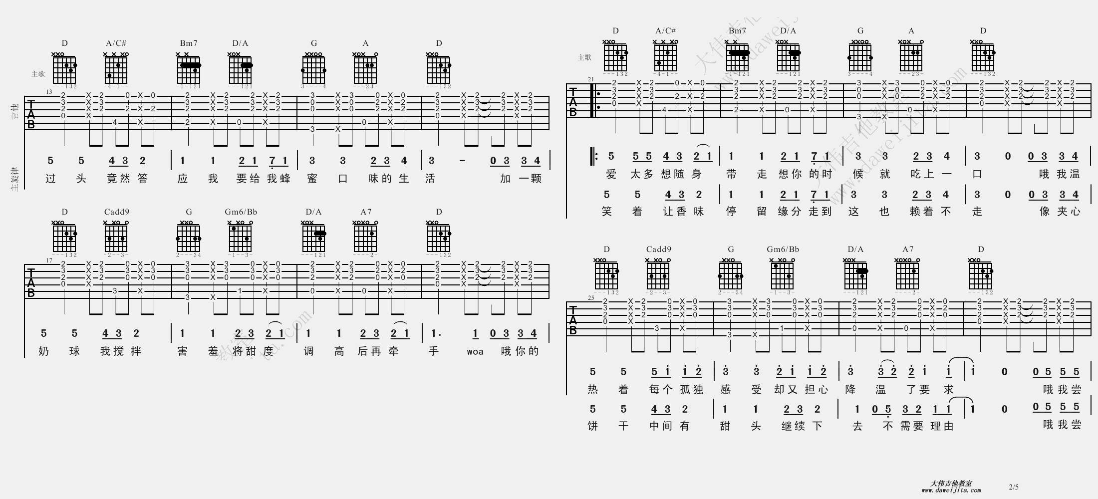 2大伟E调版 周杰伦《甜甜的》吉他弹唱六线谱