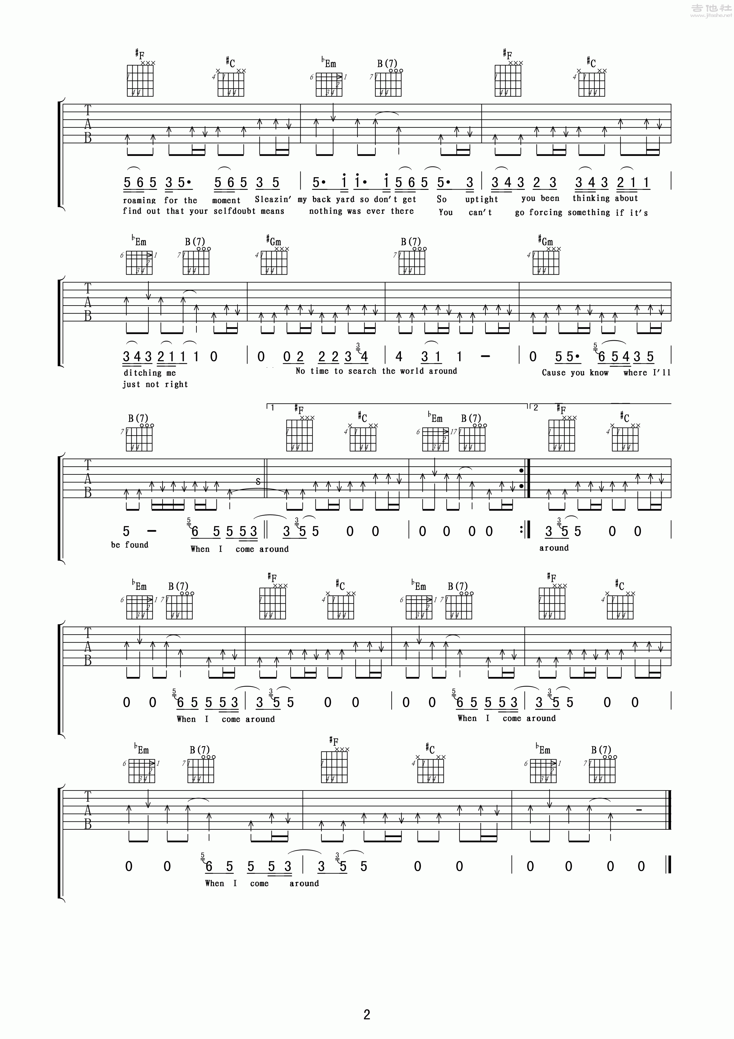 2玩易#F调版 《When I Come Around》吉他弹唱六线谱