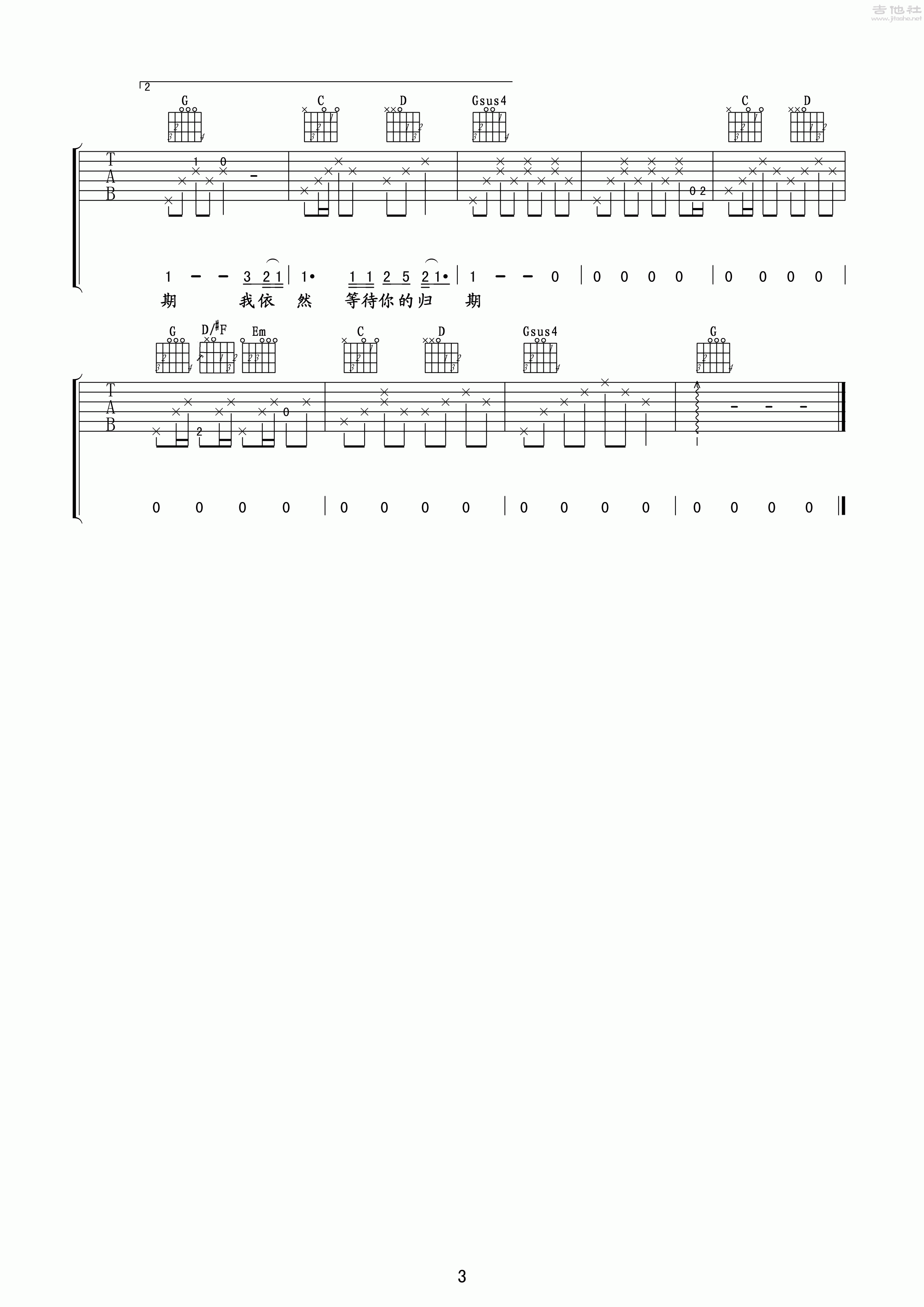 3玩易G调版 莫文蔚《外面的世界》吉他弹唱六线谱