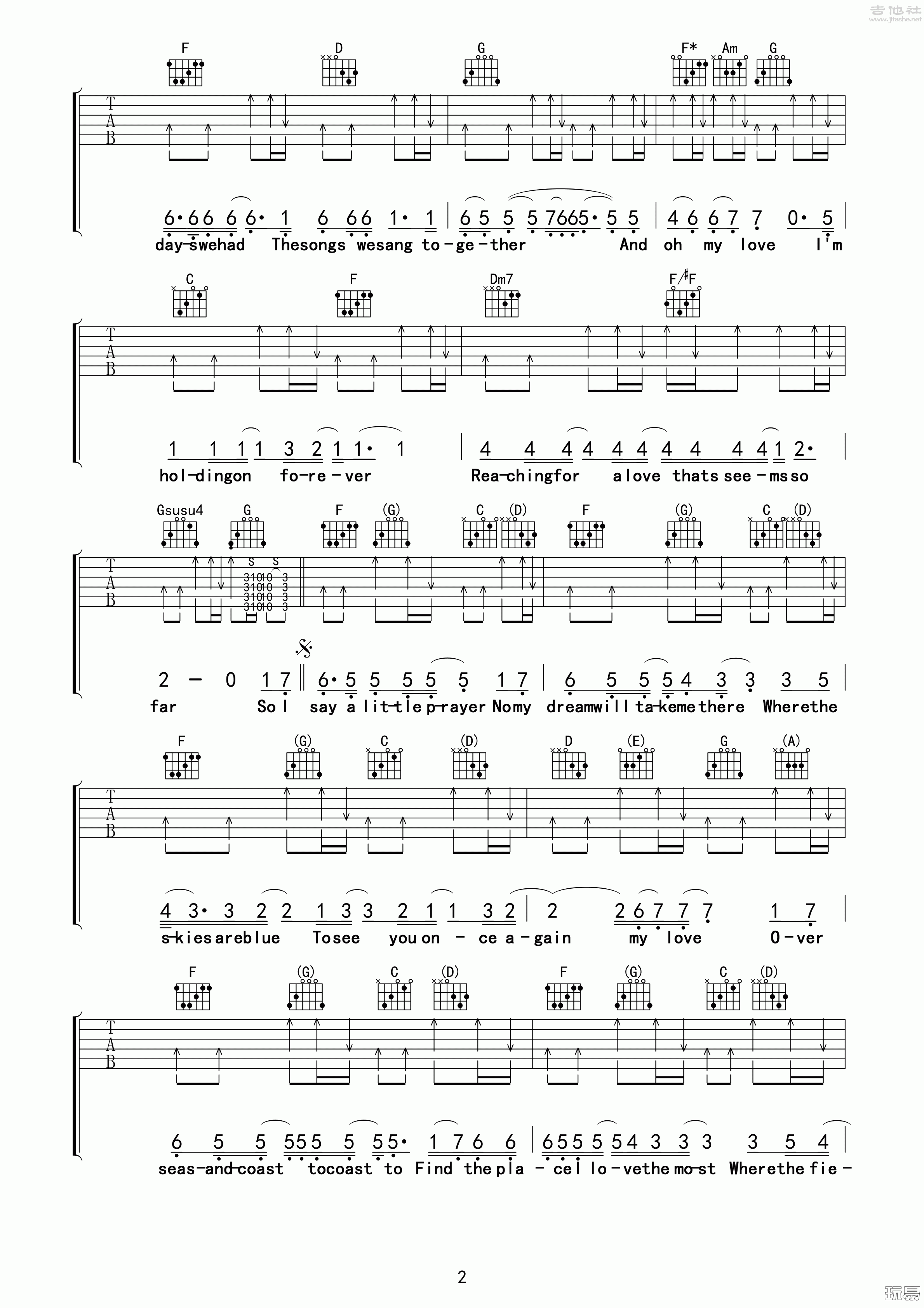 2玩易B调版 Westlife《My Love》吉他弹唱六线谱