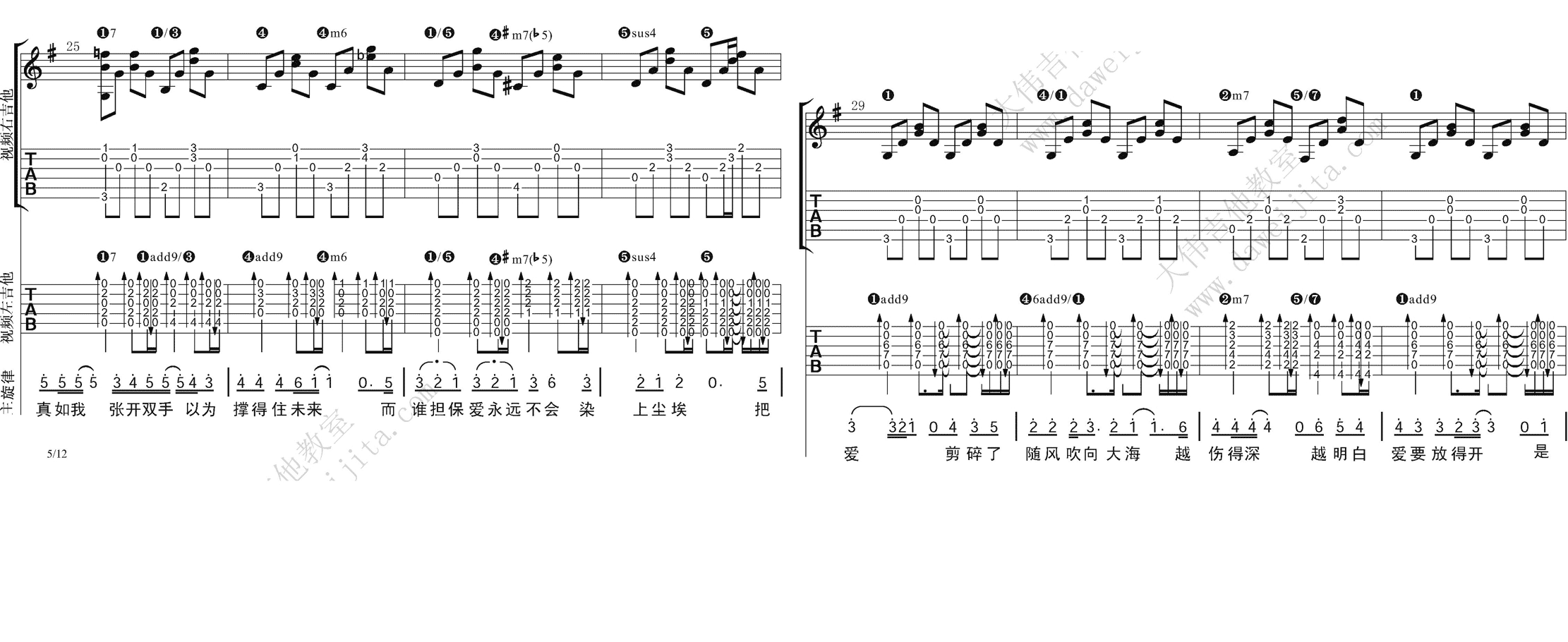 5大伟双吉他A调版 张惠妹《剪爱》吉他弹唱六线谱