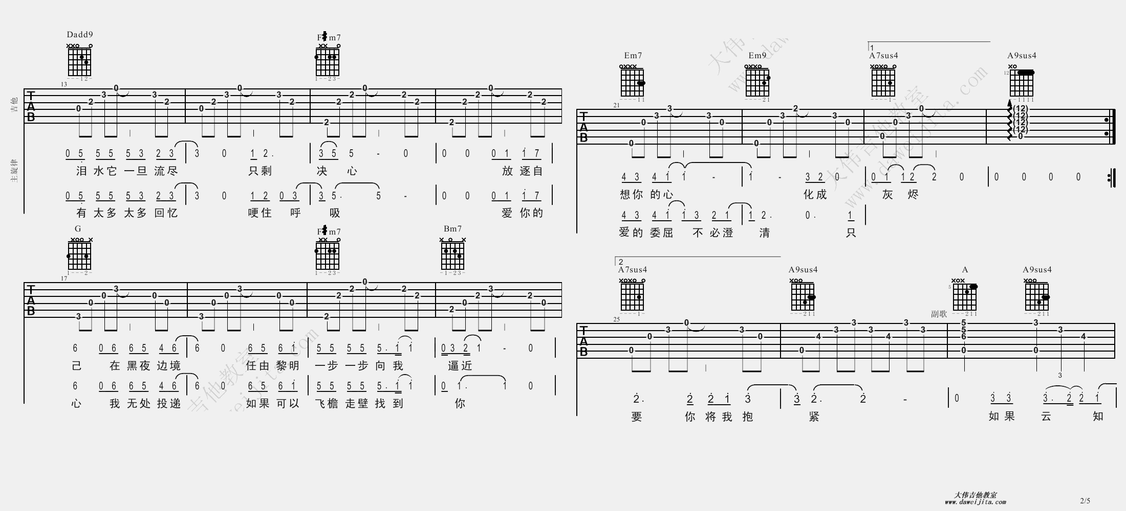 2大伟版 齐秦《如果云知道》吉他弹唱六线谱