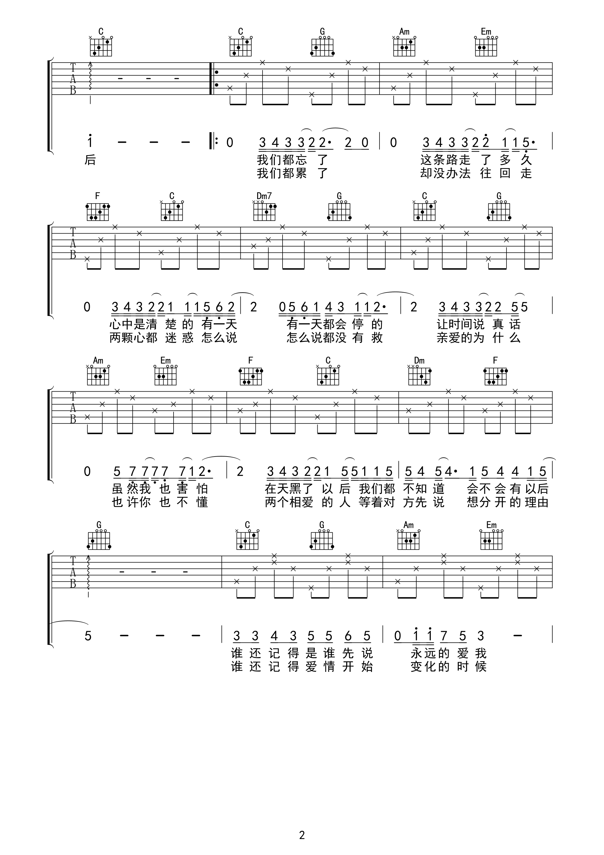 2弦心距C调版 林俊杰《记得》吉他弹唱六线谱