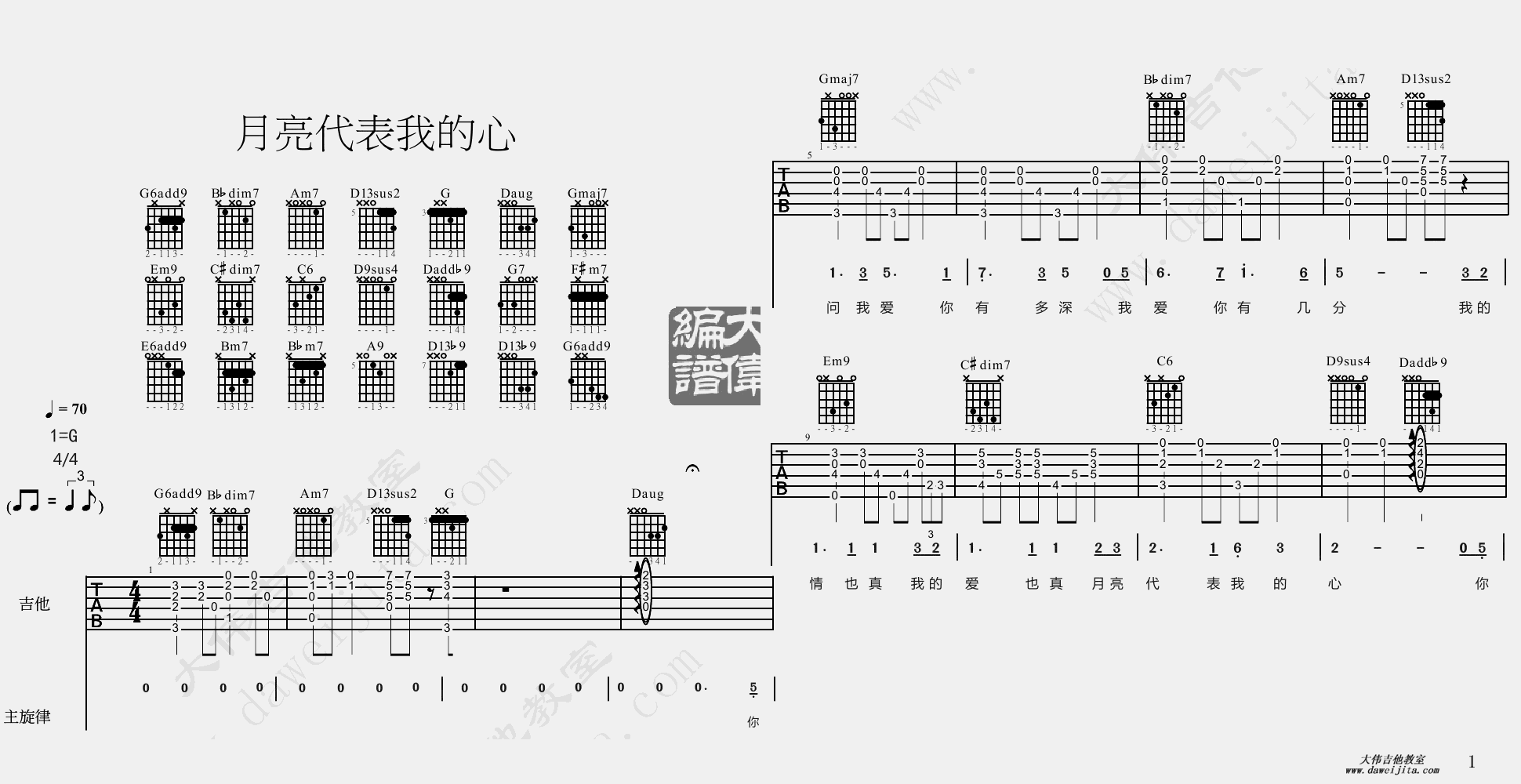 1大伟G调爵士版 齐秦《月亮代表我的心》吉他弹唱六线谱