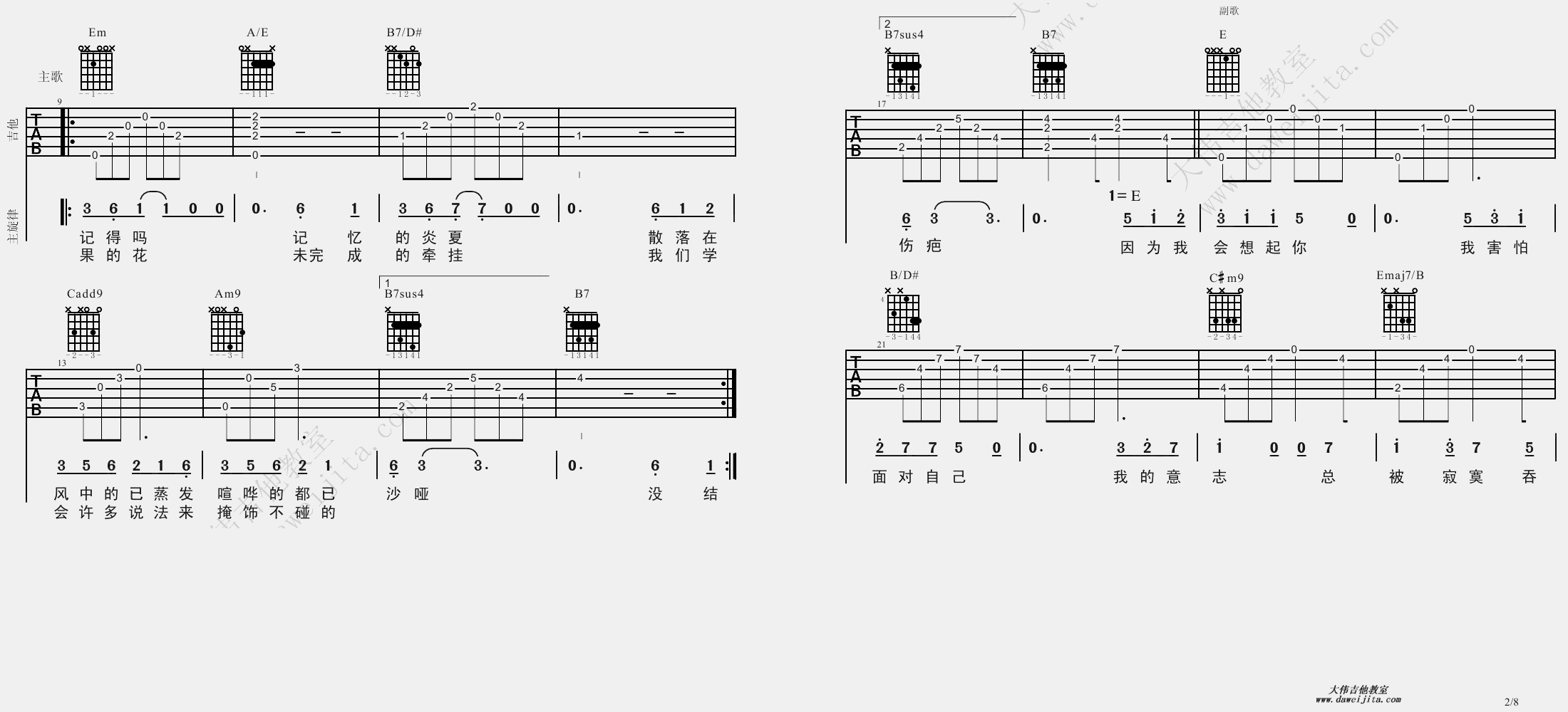 2大伟G调版 莫文蔚《爱》吉他弹唱六线谱