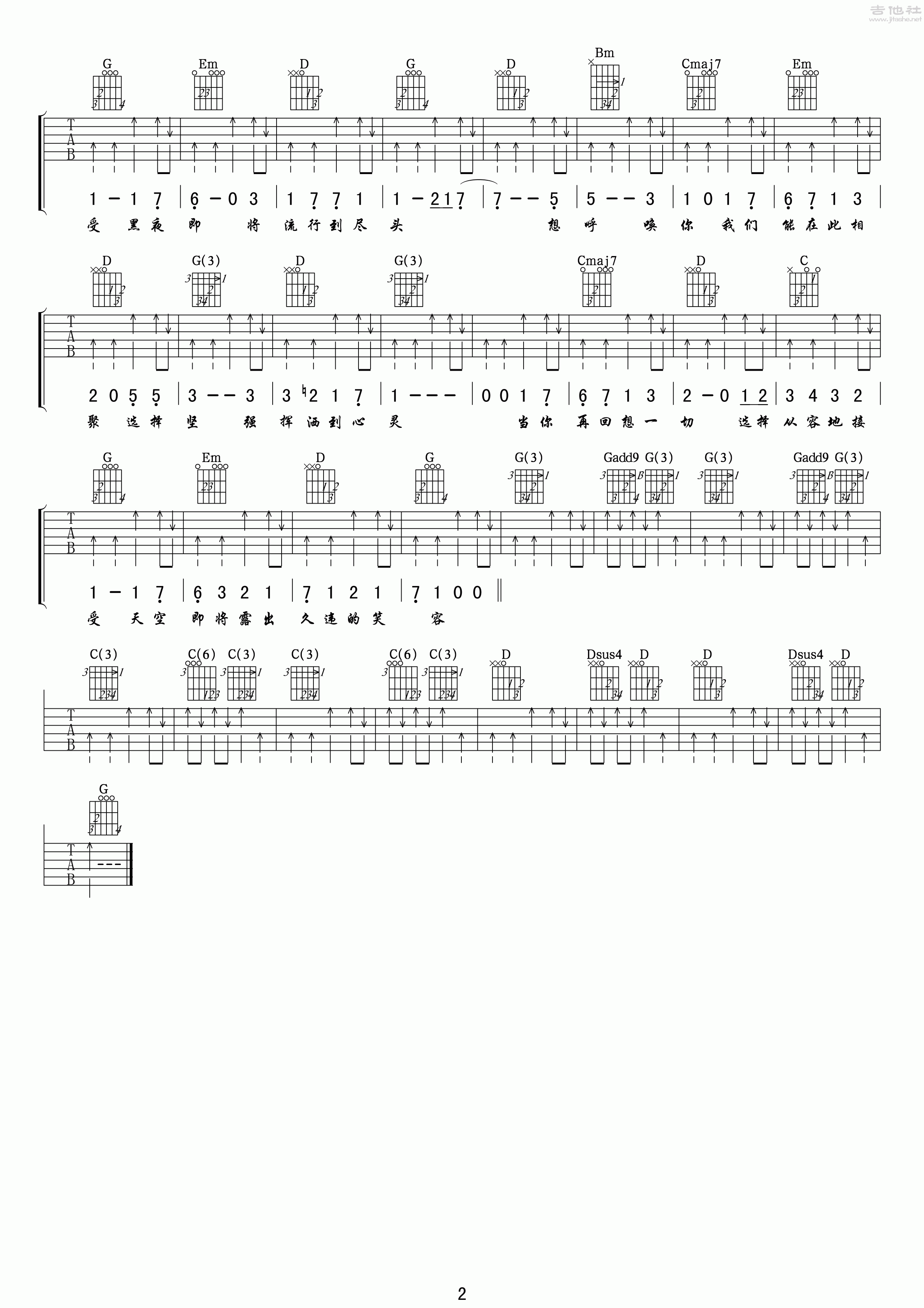 2小叶歌G调版 刘俊麟《天空的笑容》吉他弹唱六线谱