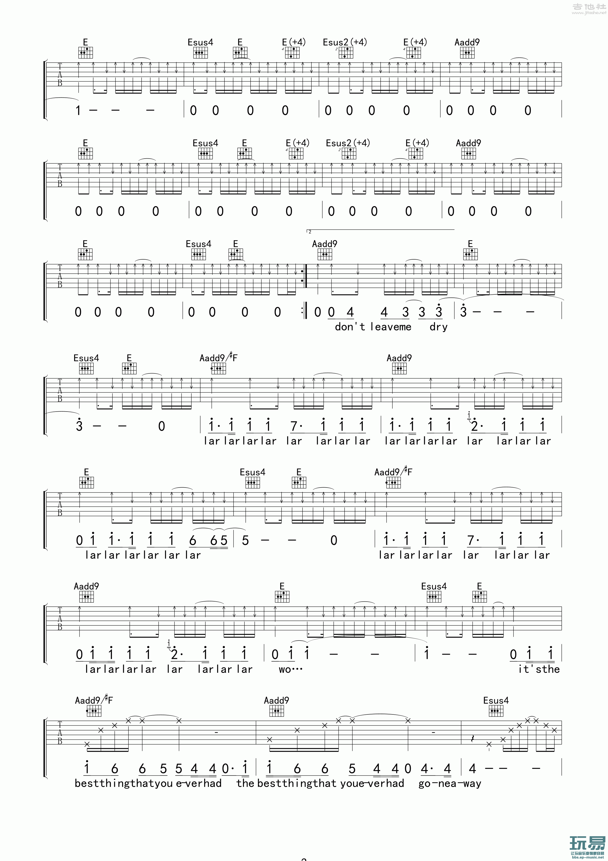 3玩易E调版 Radiohead《High and Dry》吉他弹唱六线谱