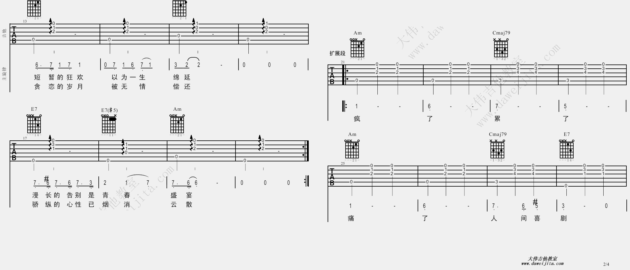 2大伟C调版 王菲《致青春》吉他弹唱六线谱