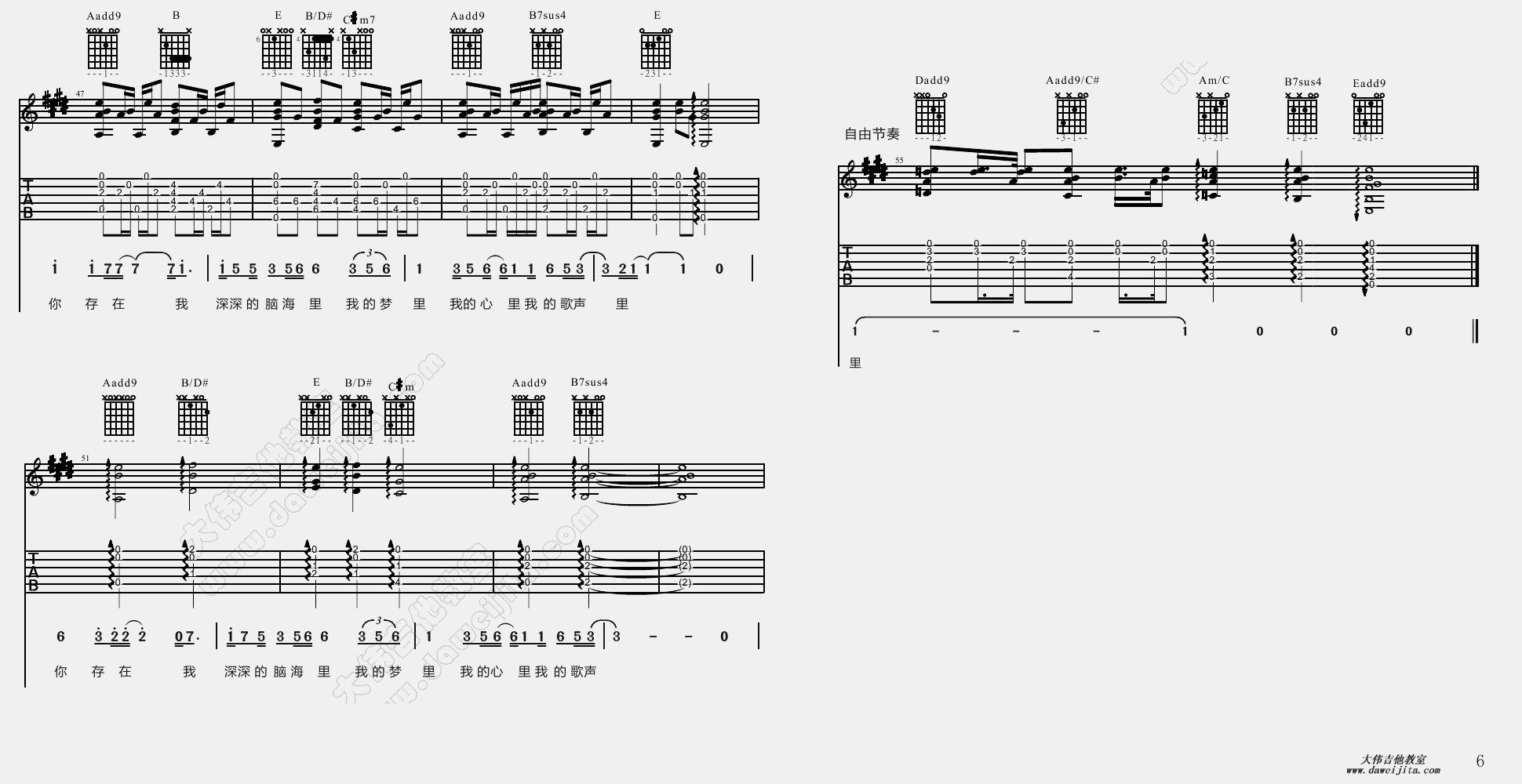 6大伟C调男生版 曲婉婷《我的歌声里》吉他弹唱六线谱
