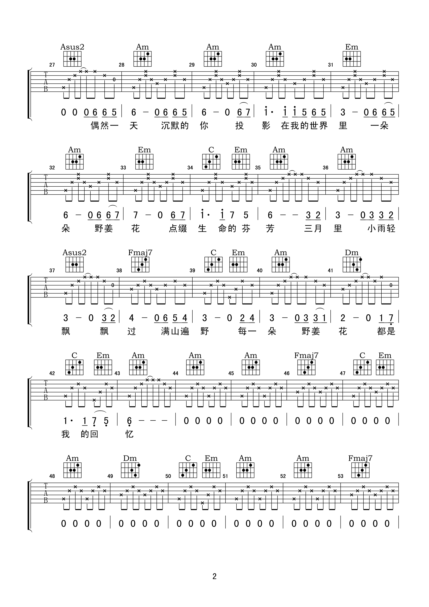 2小叶歌C调版 孟庭苇《野姜花我的回忆》吉他弹唱六线谱