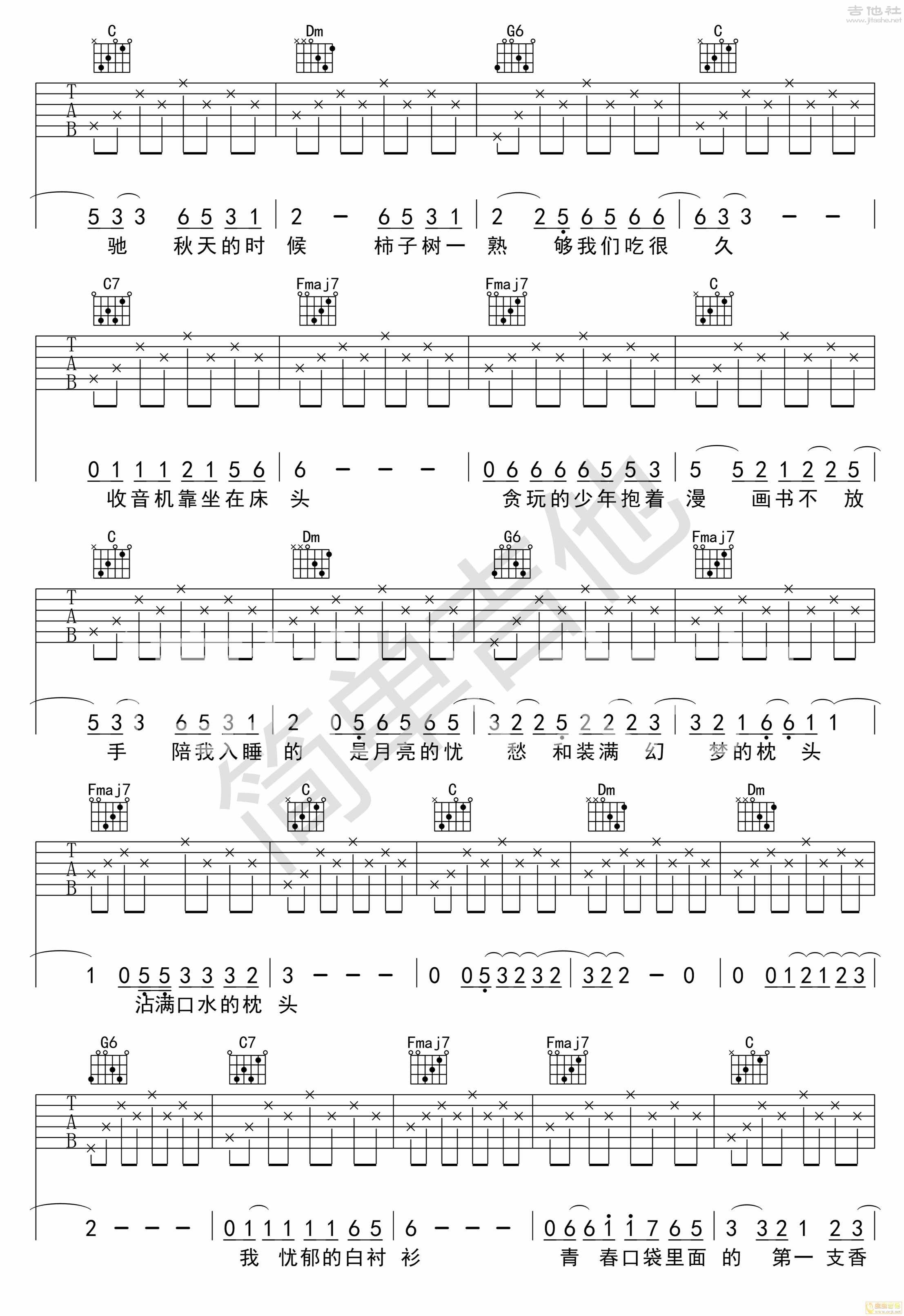 4C调简单版 赵雷《少年锦时》吉他弹唱六线谱