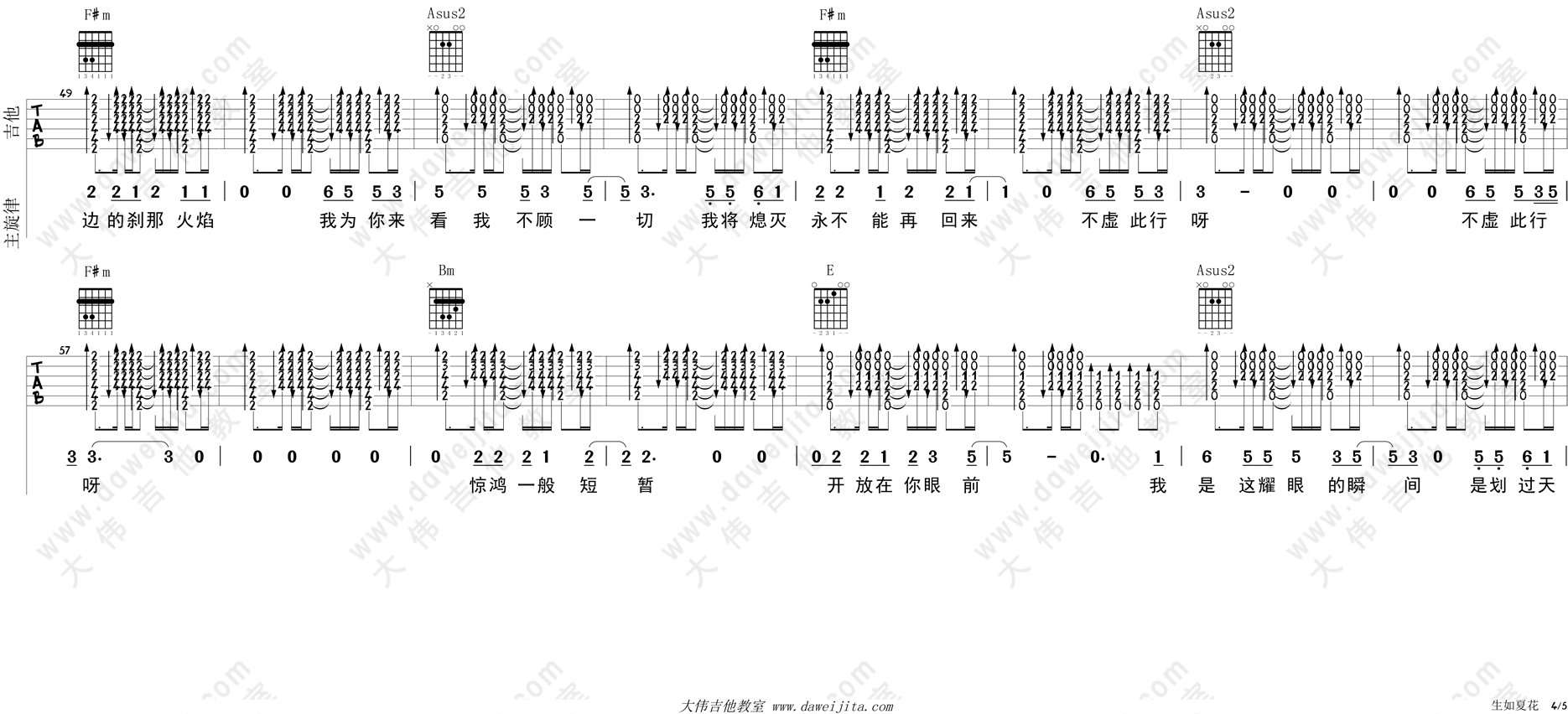 4大伟A调版 朴树《生如夏花》吉他弹唱六线谱