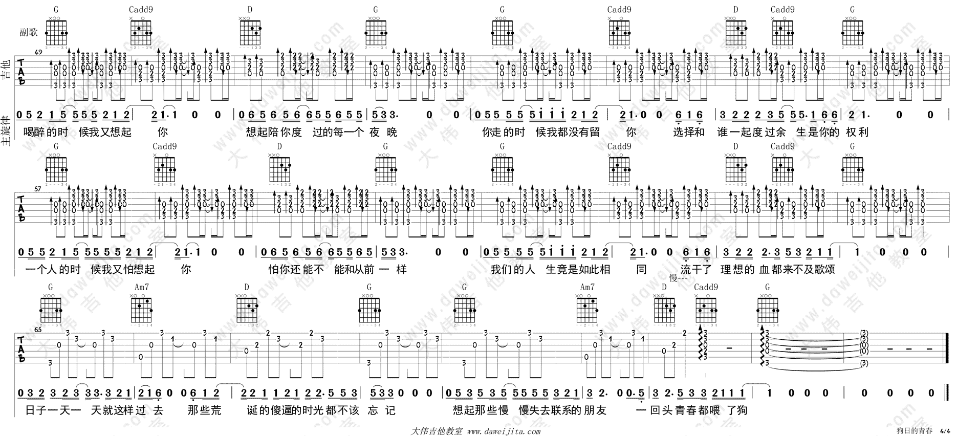 4大伟G调版 贰佰《狗日的青春》吉他弹唱六线谱