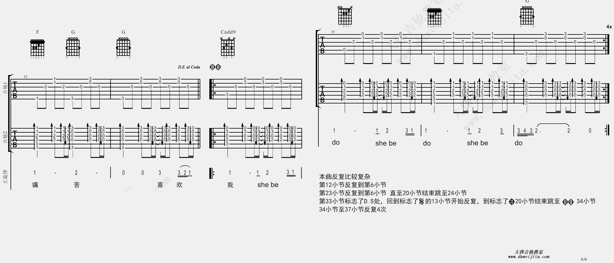 6大伟C调版 Beyond《喜欢你》吉他弹唱六线谱