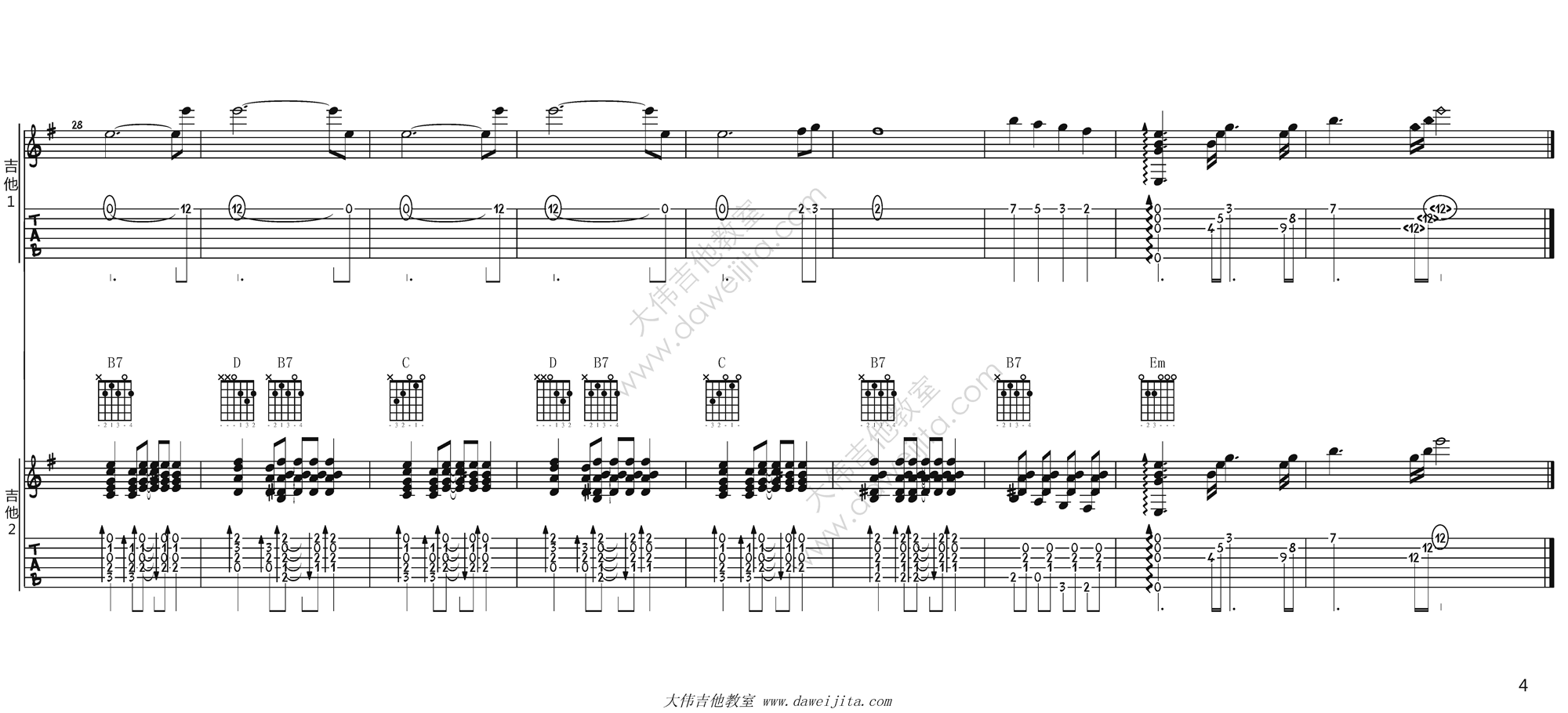 4大伟双吉他版 《将军之歌》吉他练习谱