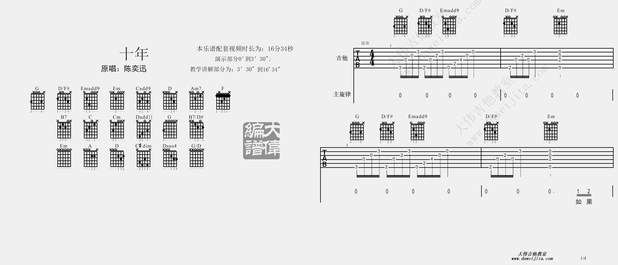 1大伟版 陈奕迅《十年》吉他弹唱六线谱