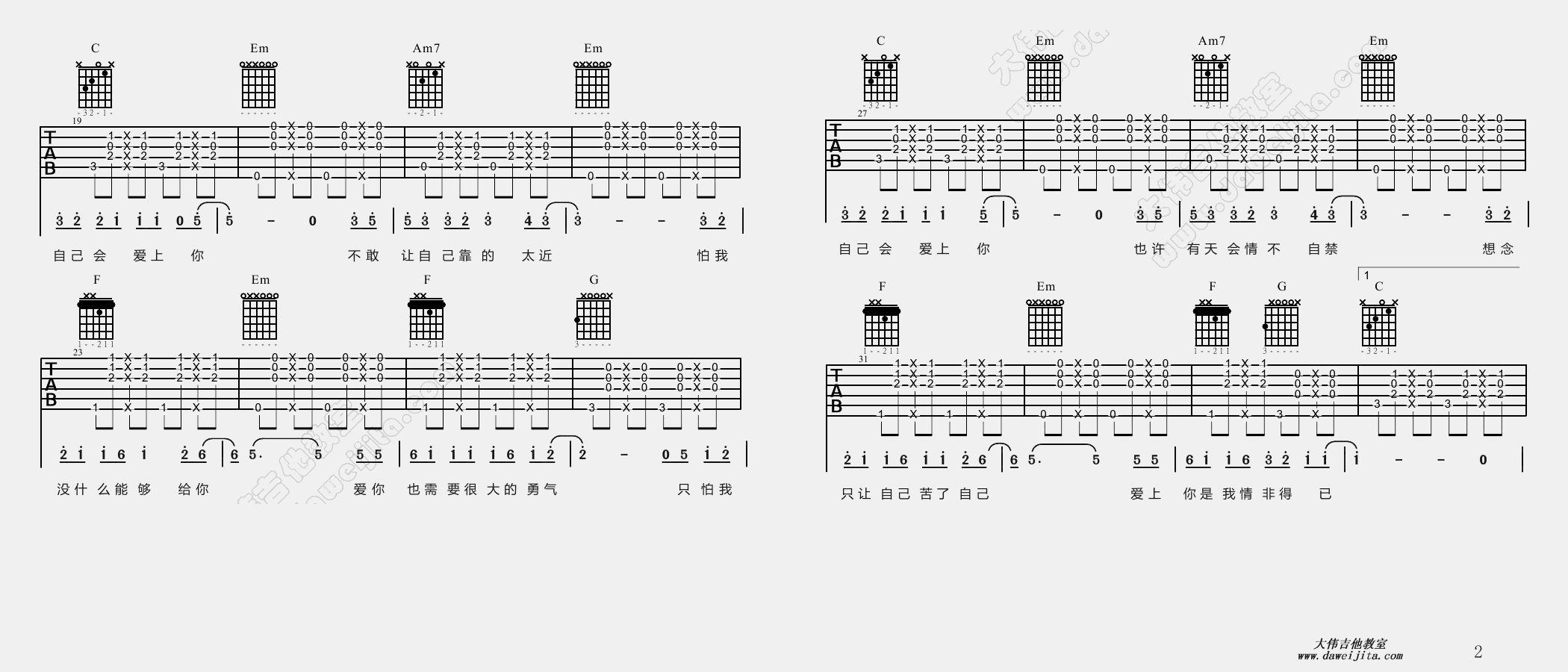 2大伟C调版 庾澄庆《情非得已》吉他弹唱六线谱