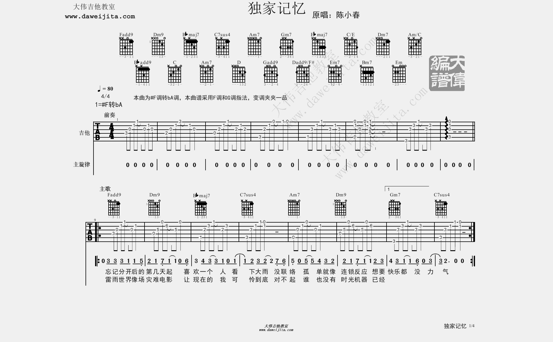 1大伟F调版 陈小春《独家记忆》吉他弹唱六线谱