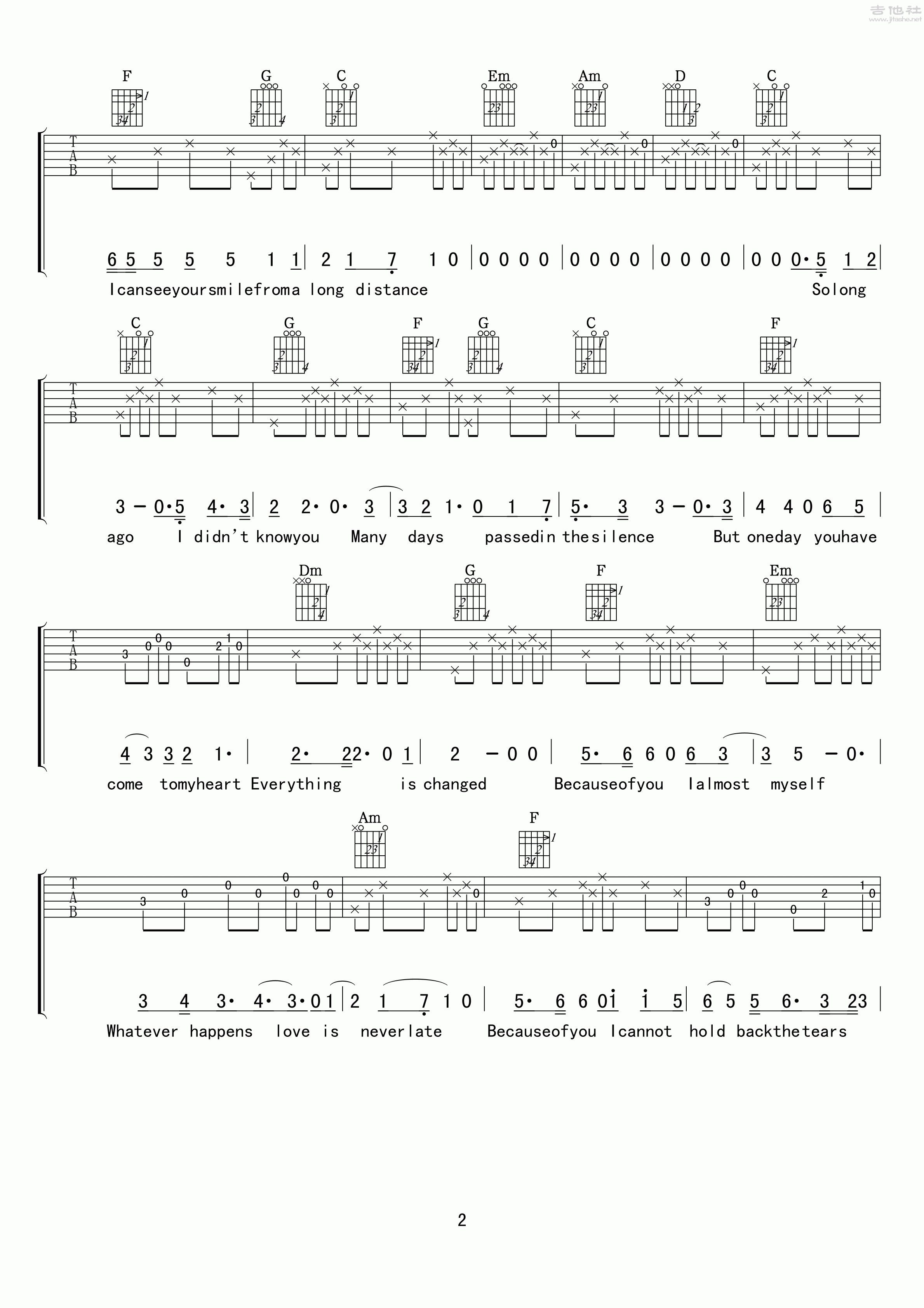 2小叶歌C调版 《So long ago》吉他弹唱六线谱