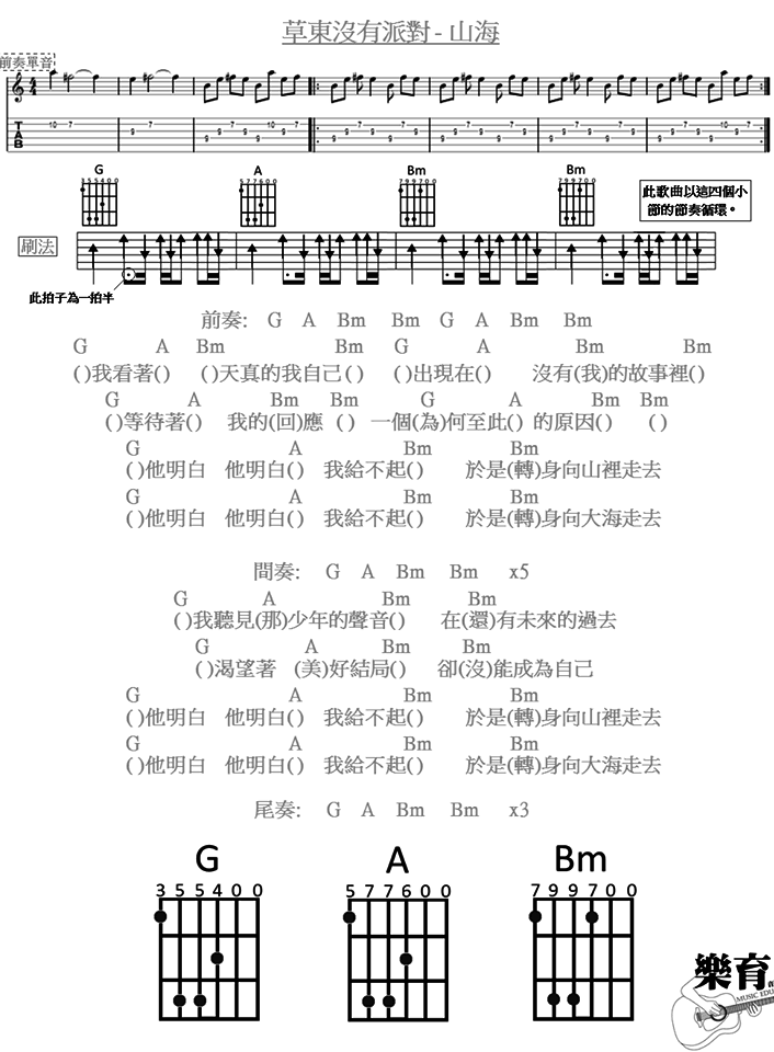 和弦版 草东没有派对《山海》吉他弹唱谱