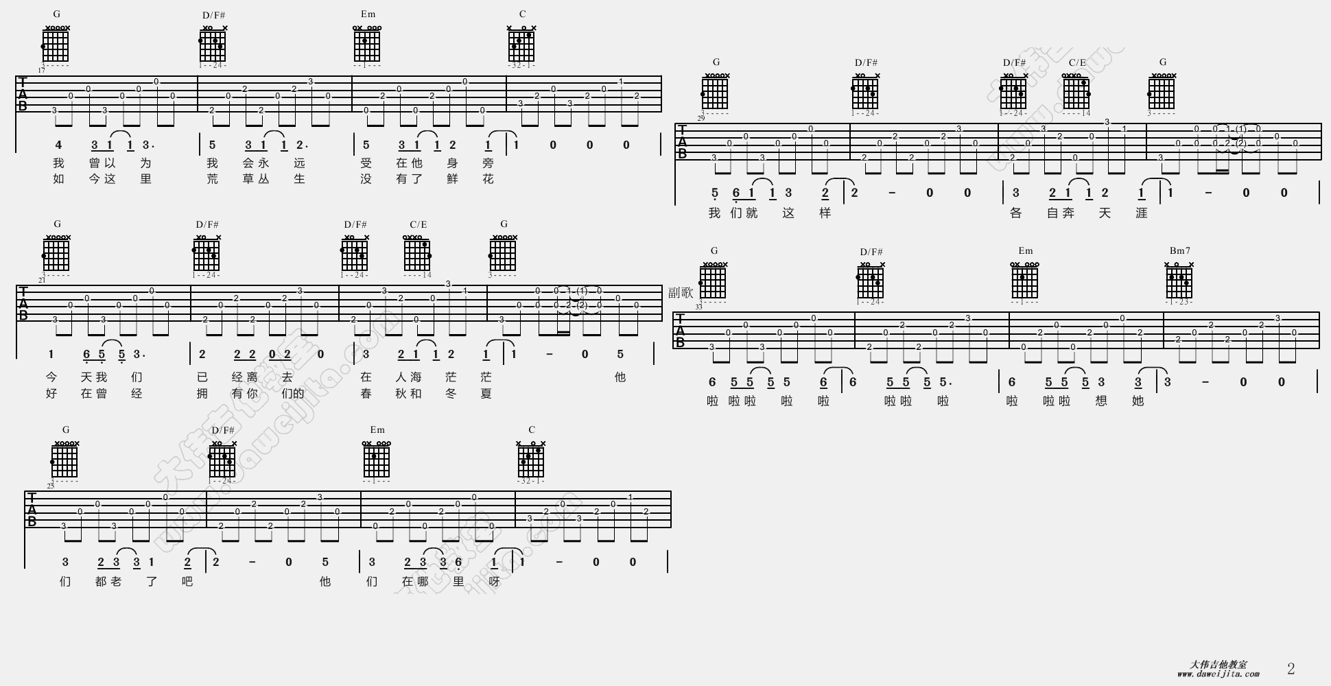 2大伟G调版 朴树《那些花儿》吉他弹唱六线谱