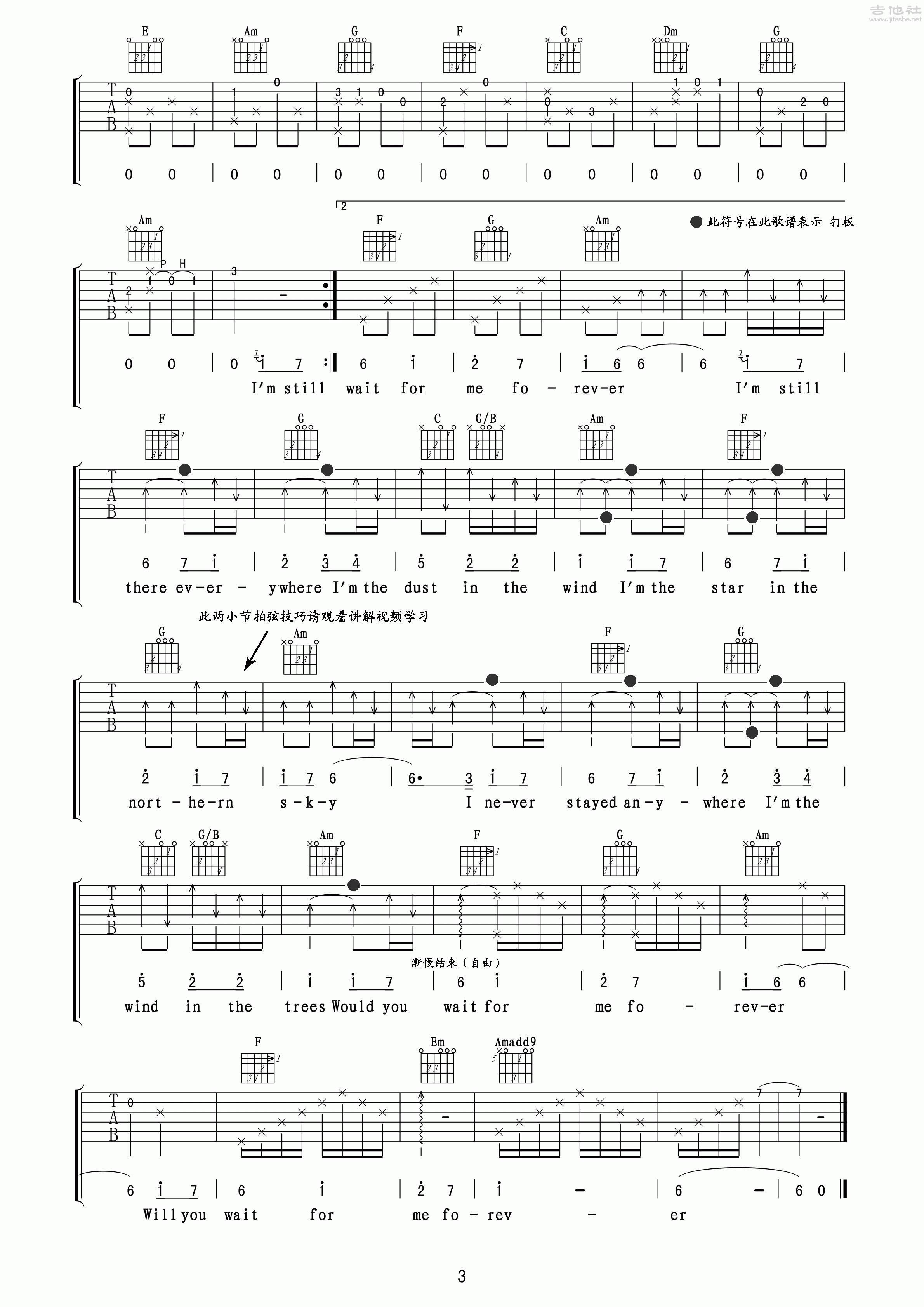 3玩易C调版 灵云乐队《Forever》吉他弹唱六线谱