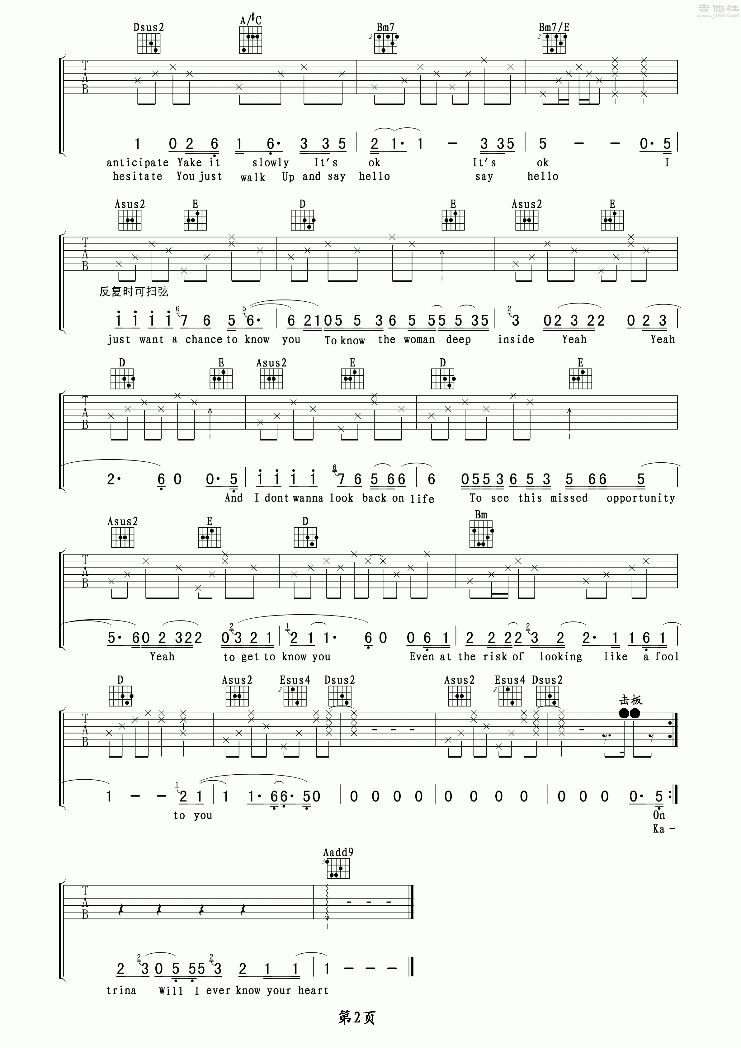 2玩易A调版 陶喆《Katrina》吉他弹唱六线谱