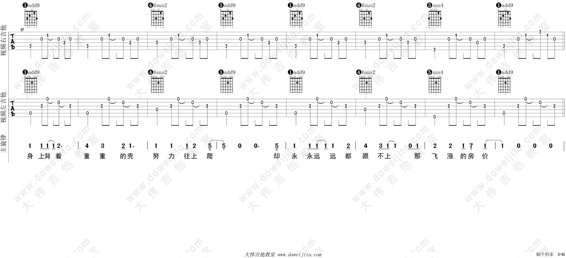 3大伟双吉他版 郑智化《蜗牛的家》吉他弹唱六线谱