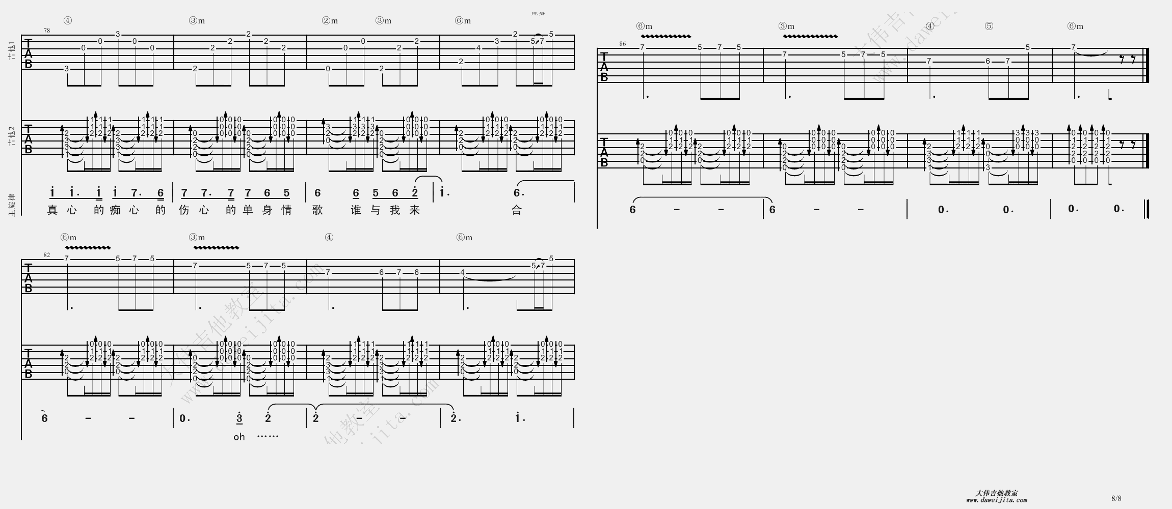 8大伟双吉他版 林志炫《单身情歌》吉他弹唱六线谱