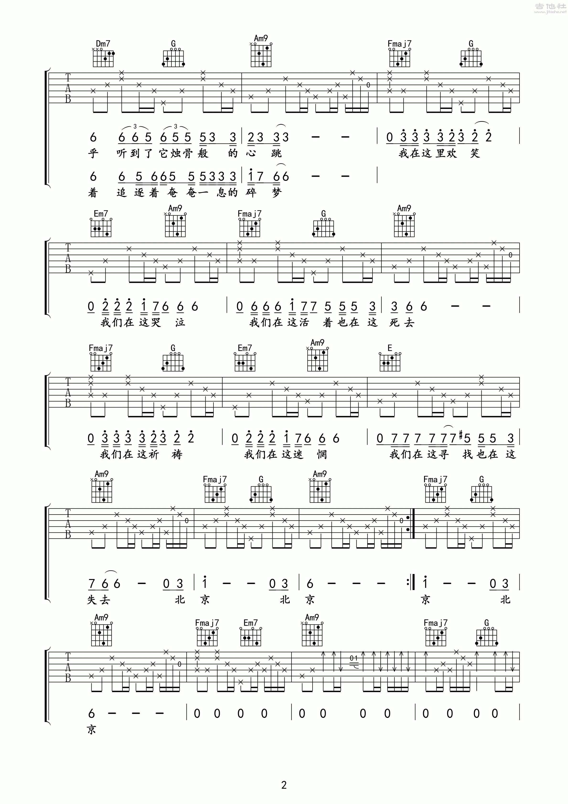 2玩易C调版 汪峰《北京北京》吉他弹唱六线谱