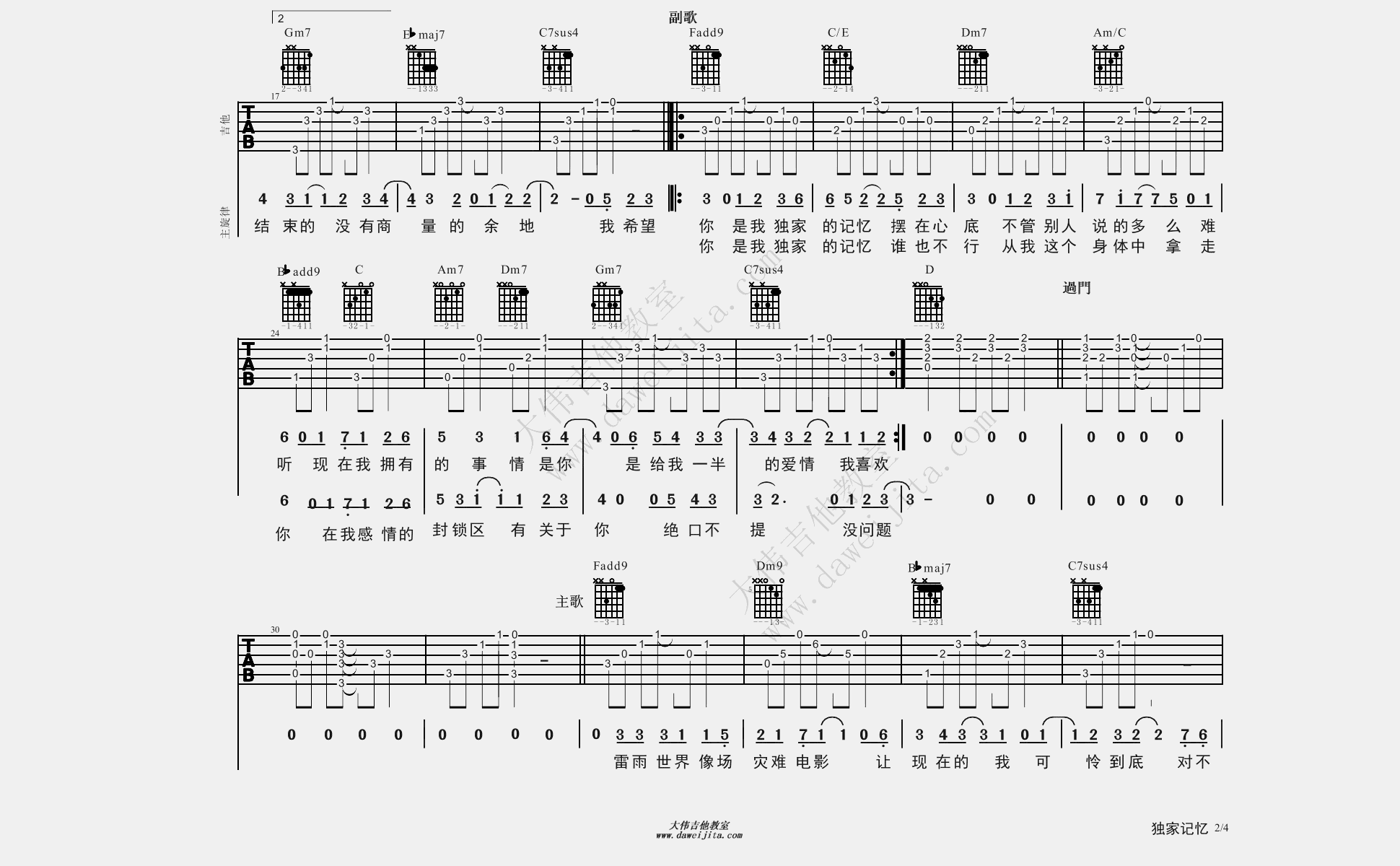 2大伟F调版 陈小春《独家记忆》吉他弹唱六线谱