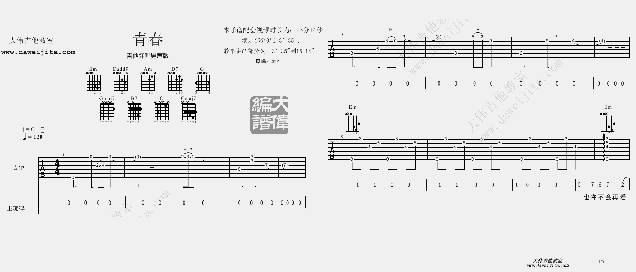 1大伟B调版 冷碗碗《青春》吉他弹唱六线谱