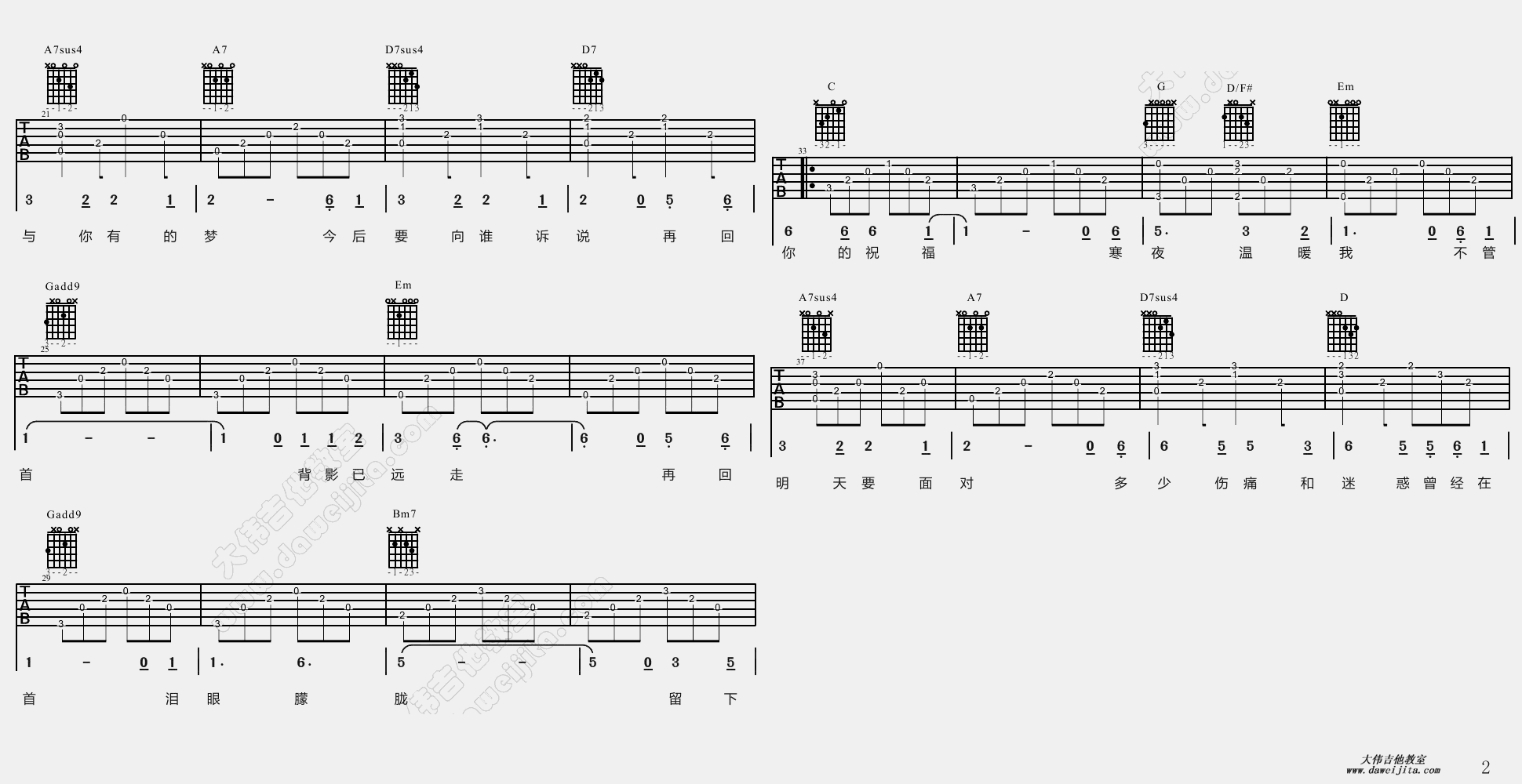 2大伟G调版 姜育恒《再回首》吉他弹唱六线谱