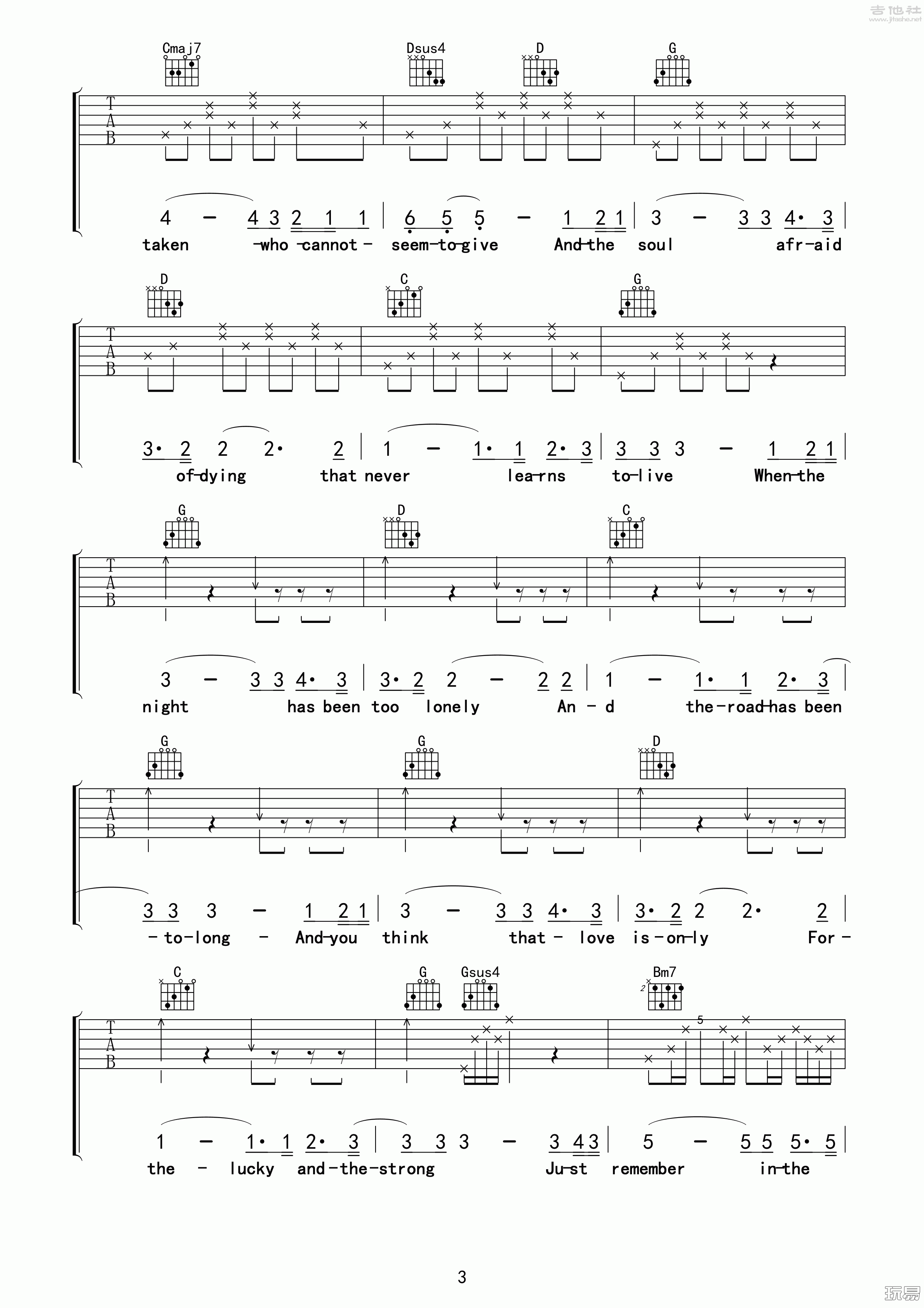 3玩易G调版 Westlife《The Rose》吉他弹唱六线谱