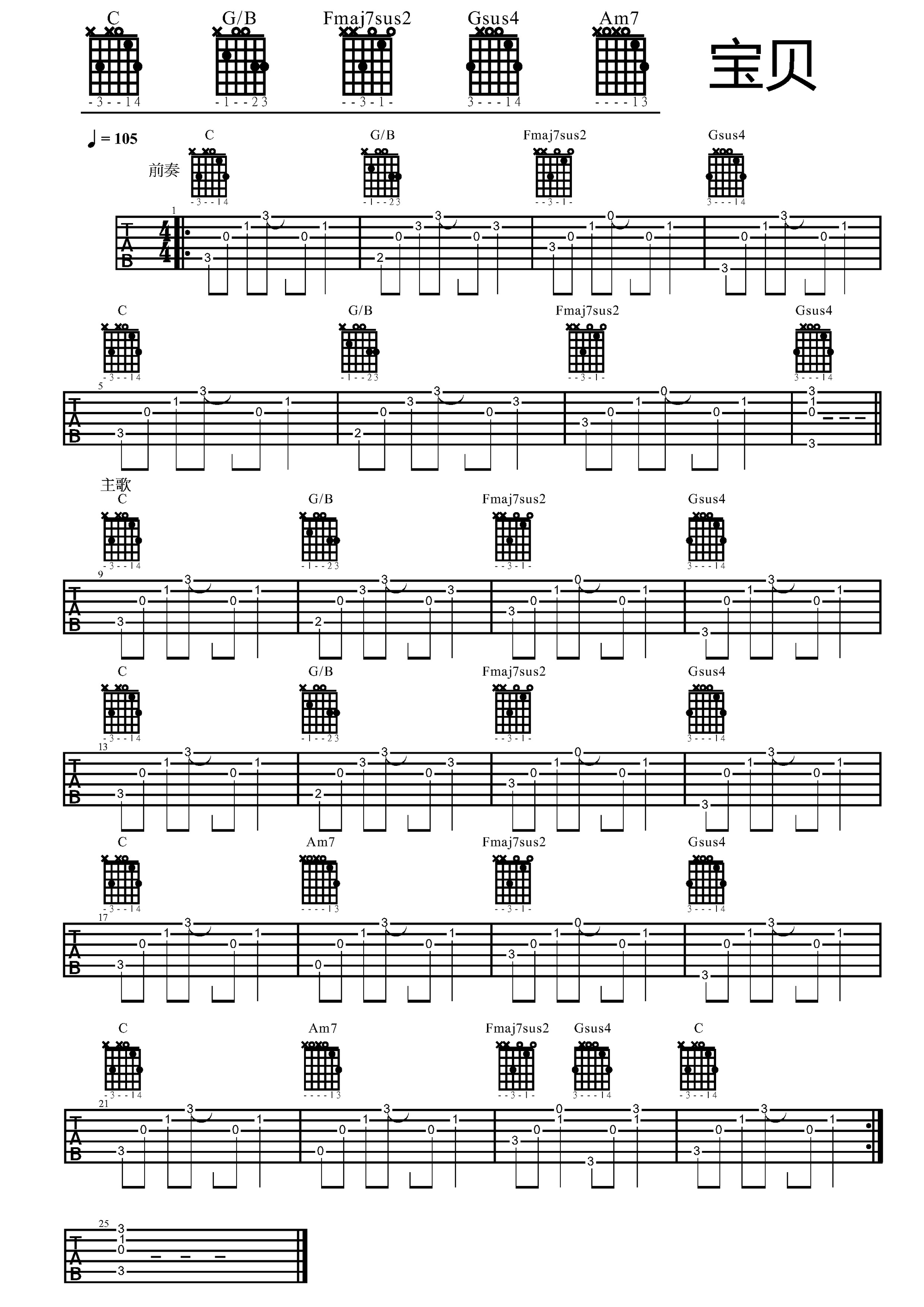 大伟吉他版 张悬《宝贝》吉他弹唱六线谱