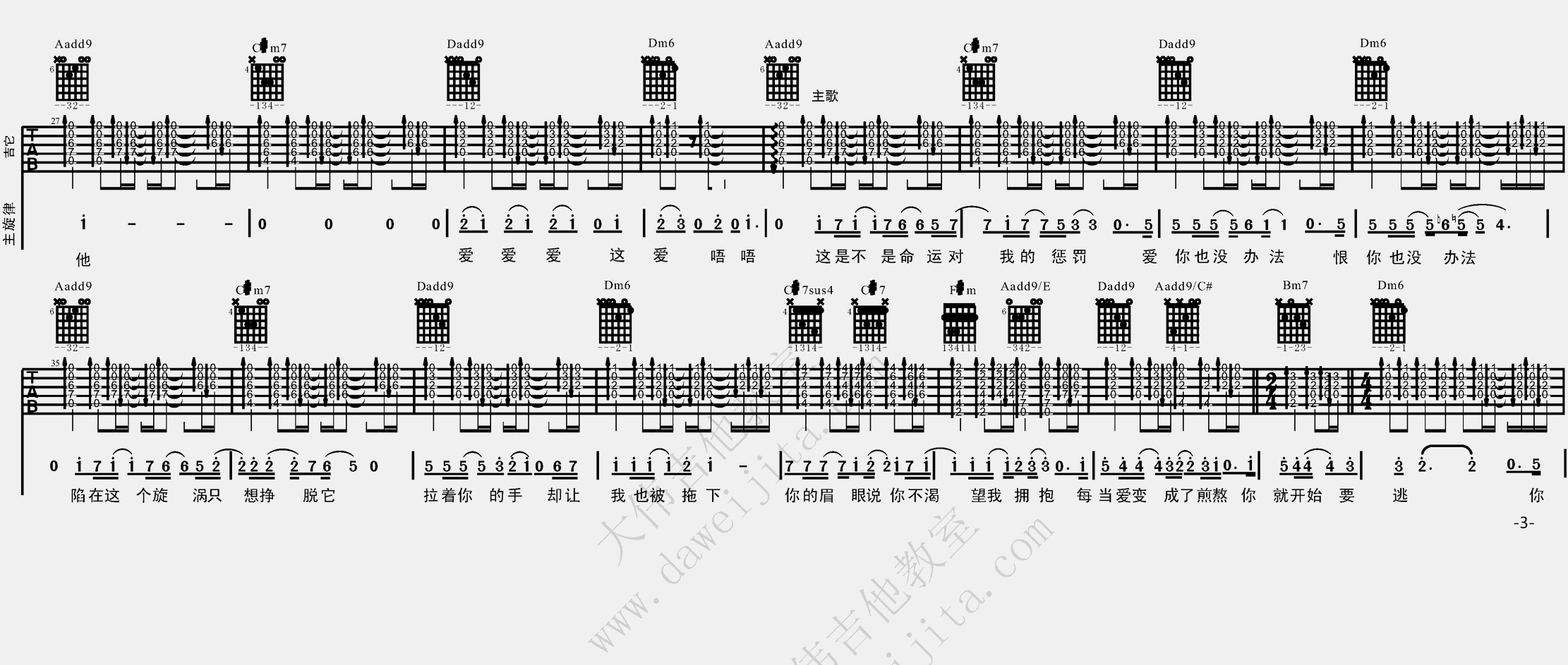 3大伟B调版 陶喆《爱我还是他》吉他弹唱六线谱